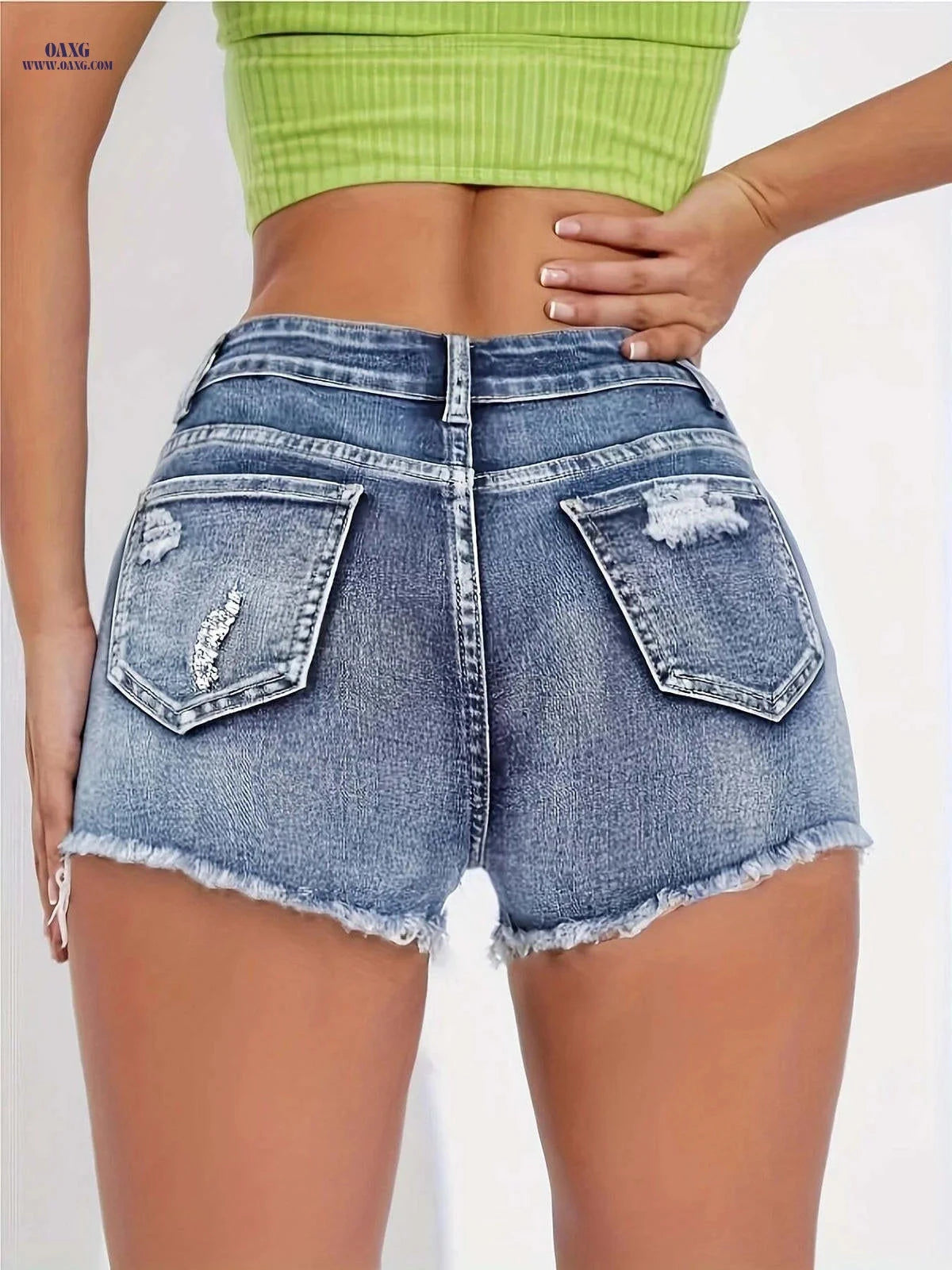 Elegant High-Waisted Ripped Denim Shorts - Y2K Street Style   OAXG 