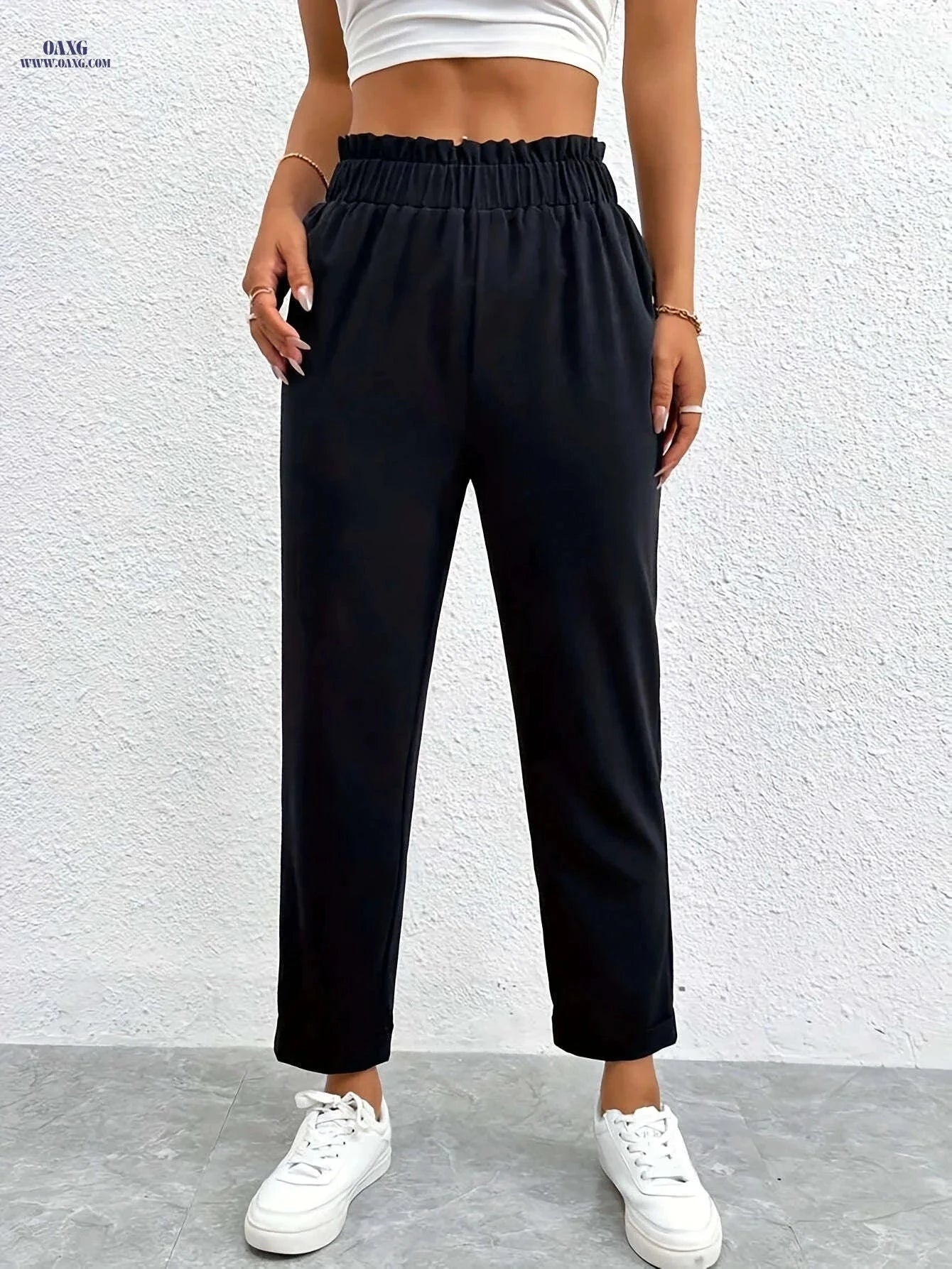 Elegant High-Waisted Ruffle Lace Women's Ankle Pants for Spring/Summer   OAXG Black / XS
