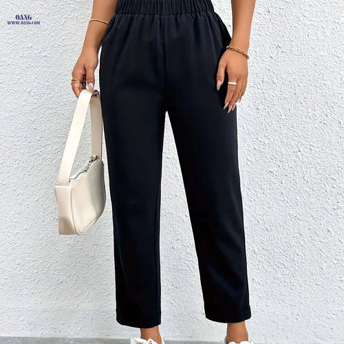 Elegant High-Waisted Ruffle Lace Women's Ankle Pants for Spring/Summer   OAXG Black / XS