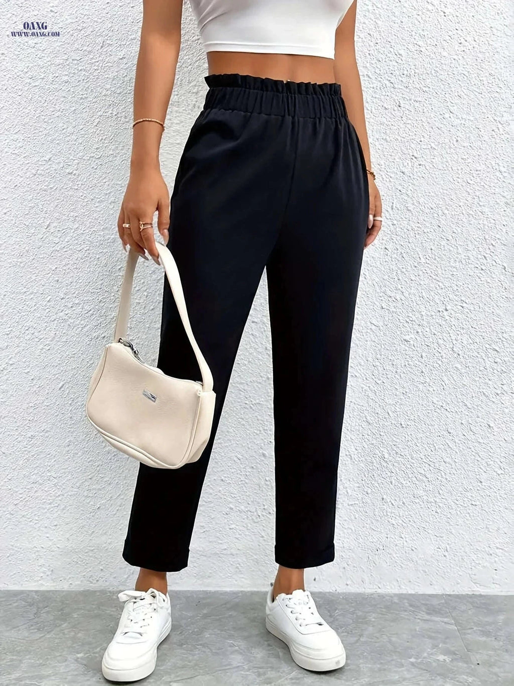 Elegant High-Waisted Ruffle Lace Women's Ankle Pants for Spring/Summer   OAXG Black / XS