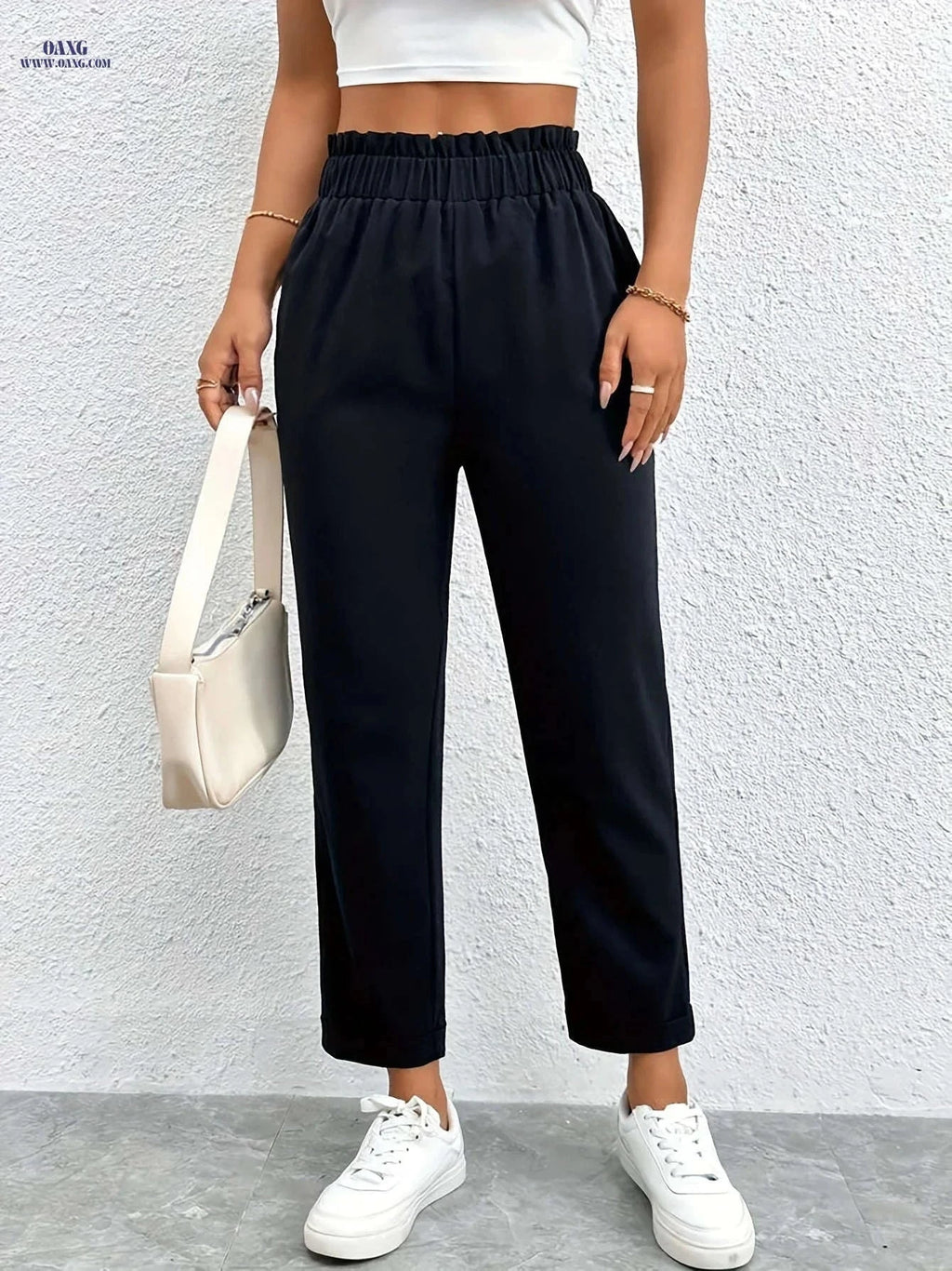 Elegant High-Waisted Ruffle Lace Women's Ankle Pants for Spring/Summer   OAXG Black / XS