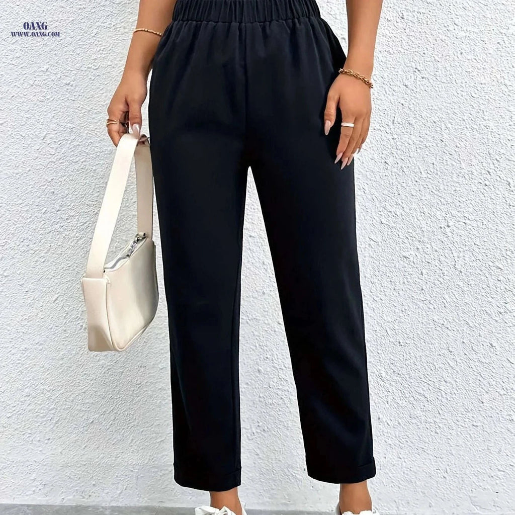 Elegant High-Waisted Ruffle Lace Women's Ankle Pants for Spring/Summer   OAXG Black / XS