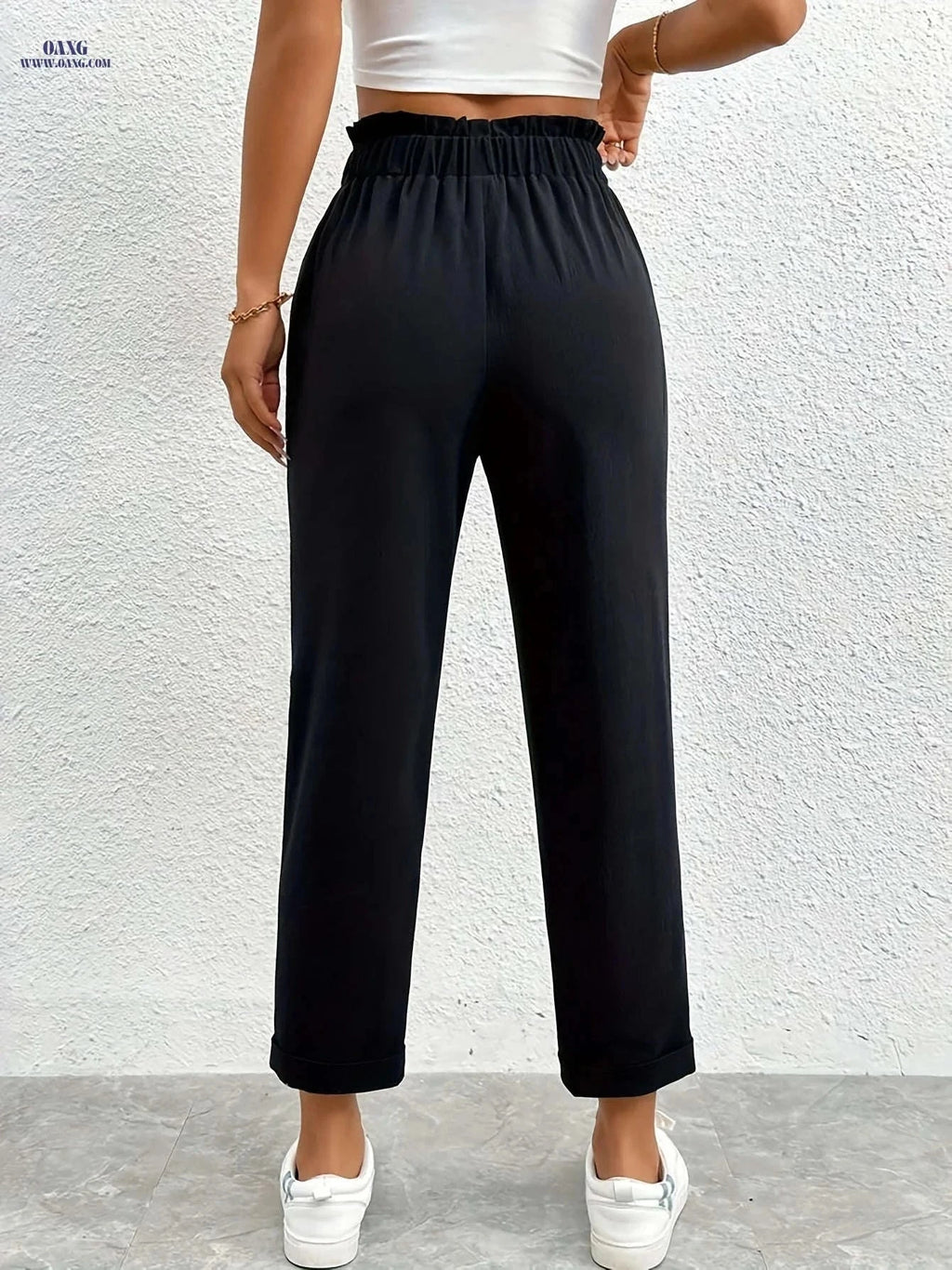 Elegant High-Waisted Ruffle Lace Women's Ankle Pants for Spring/Summer   OAXG Black / XS
