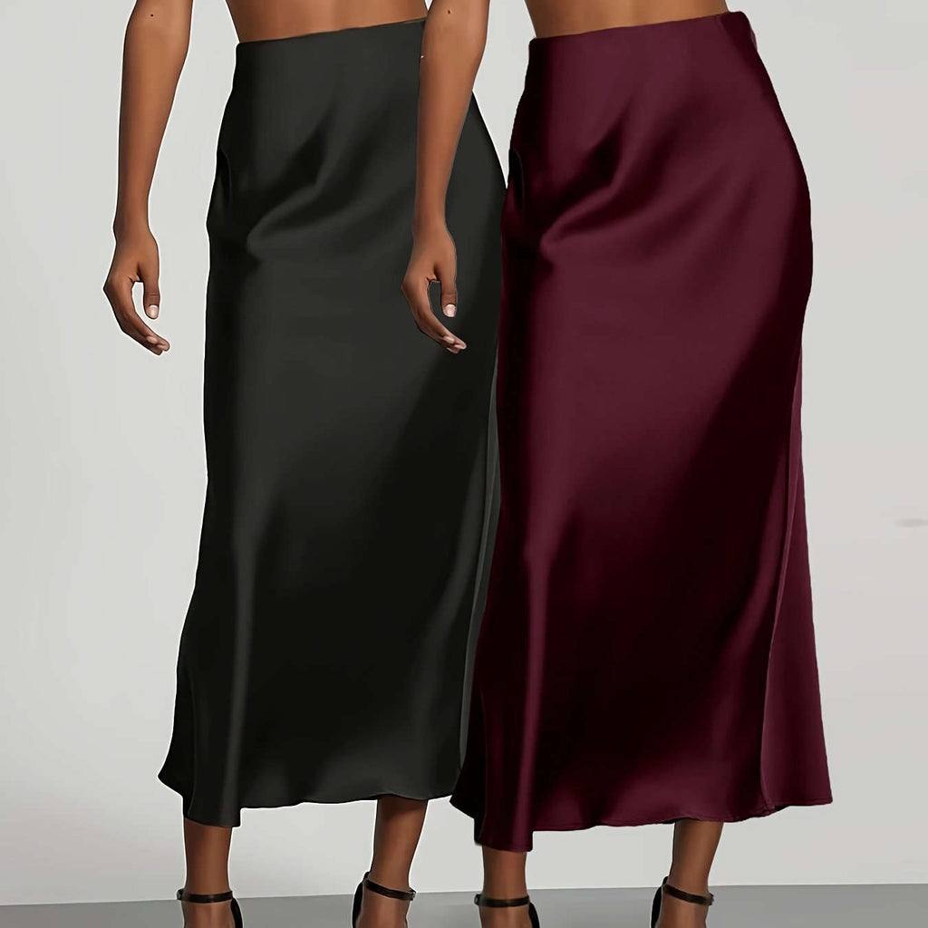 Elegant High-Waisted Satin Skirt for Women - Perfect for All Seasons   OAXG Black+Green / XS