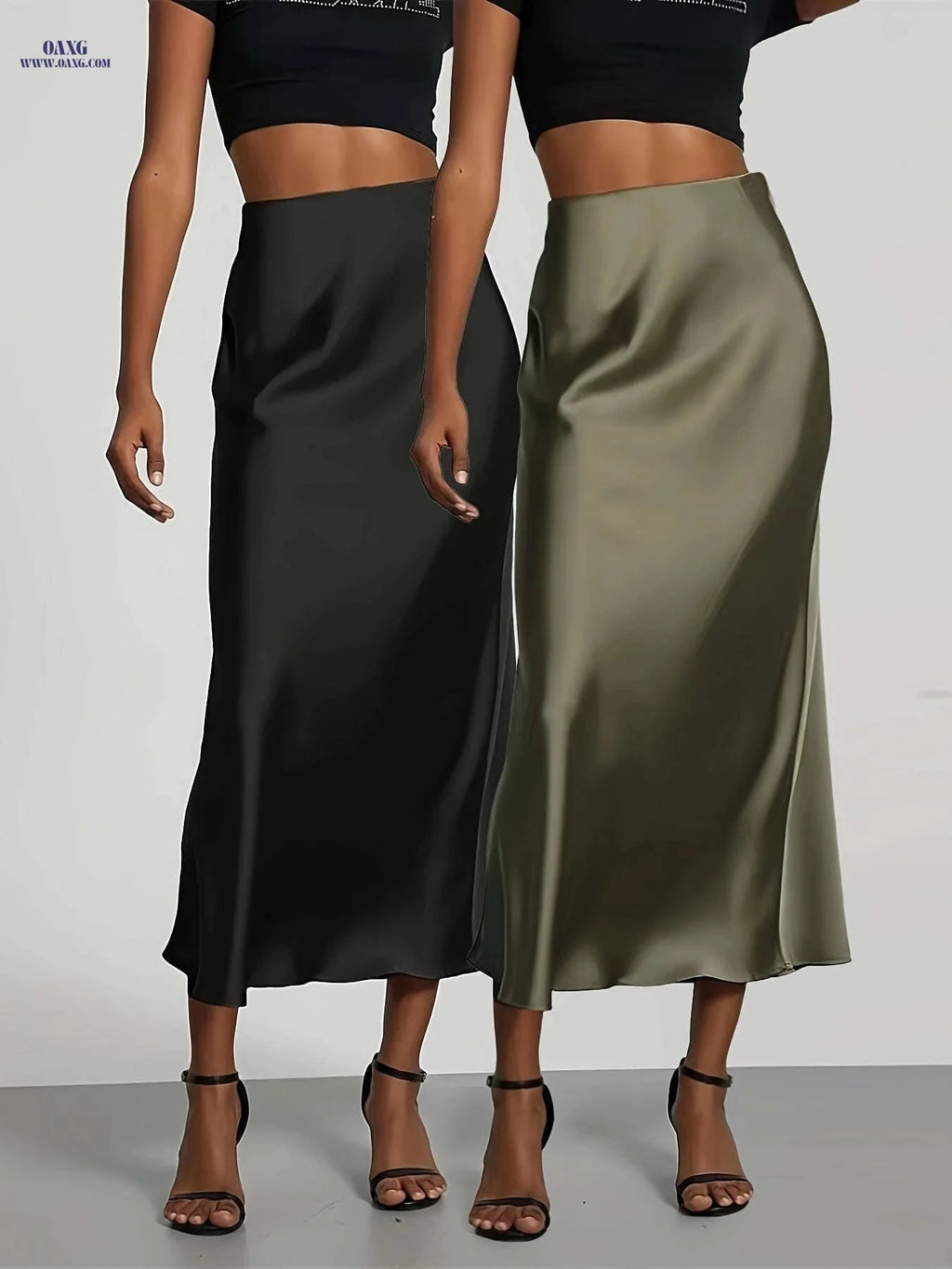 Elegant High-Waisted Satin Skirt for Women - Perfect for All Seasons   OAXG Black+Green / XS