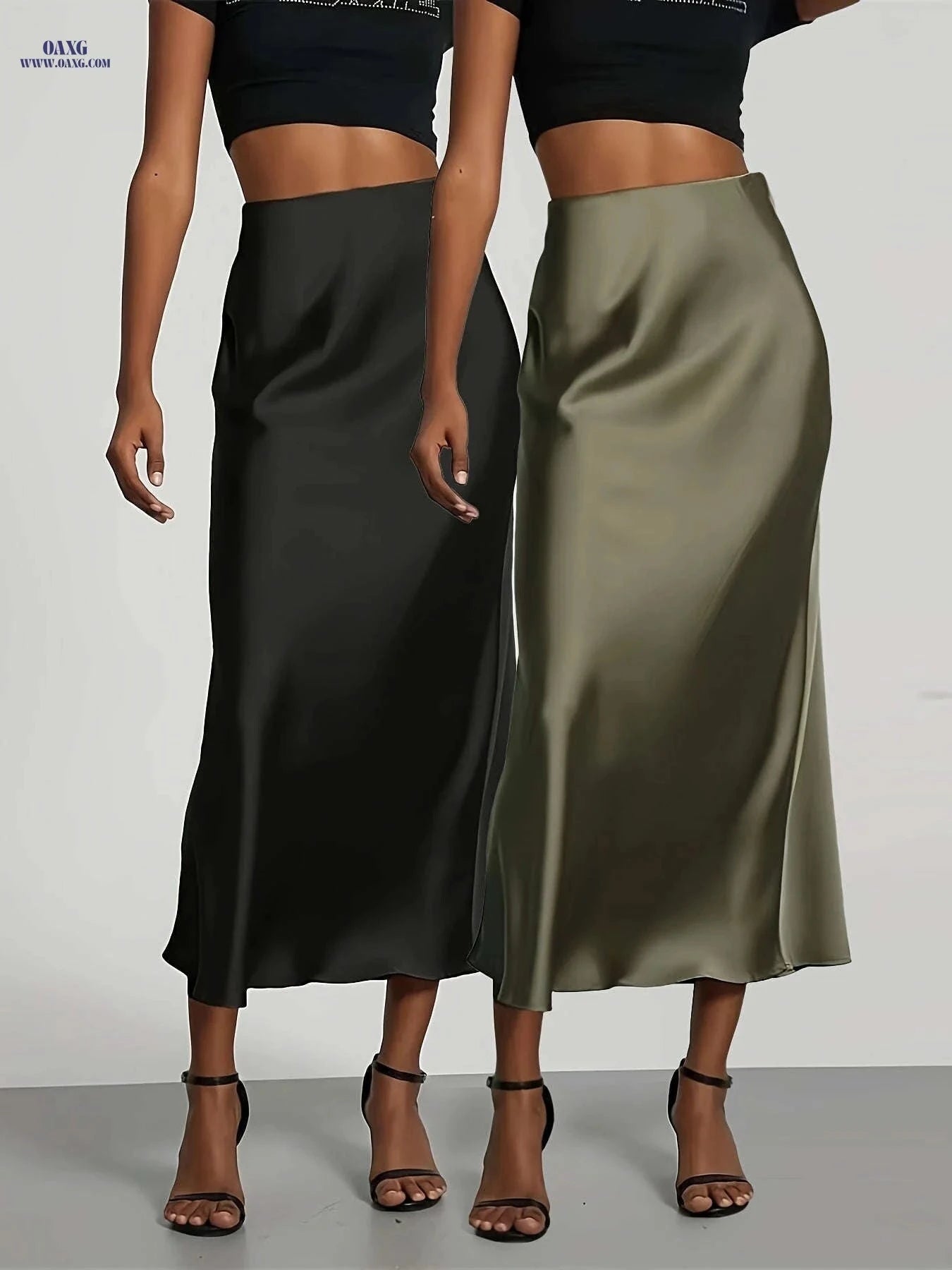 Elegant High-Waisted Satin Skirt for Women - Perfect for All Seasons   OAXG Black+Green / XS