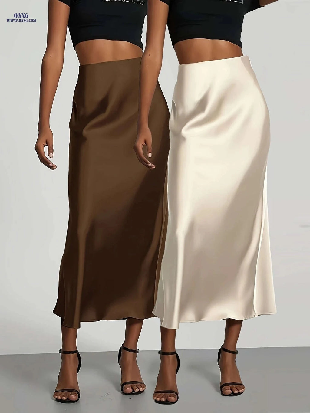 Elegant High-Waisted Satin Skirt for Women - Perfect for All Seasons   OAXG Black+Green / XS