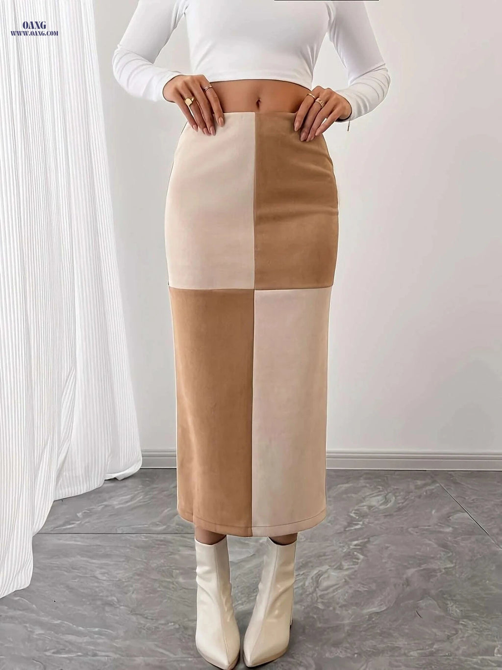 Elegant High-Waisted Skirt - Color Block Design with Back Slit   OAXG 