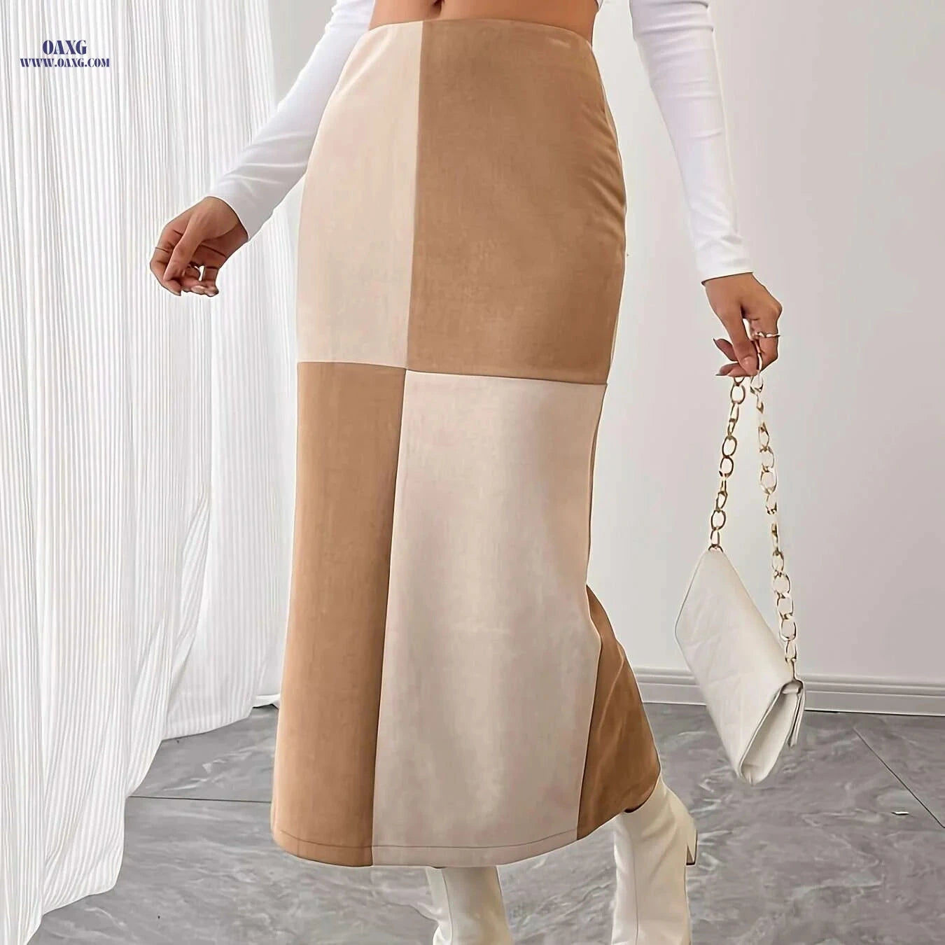 Elegant High-Waisted Skirt - Color Block Design with Back Slit   OAXG Khaki / S