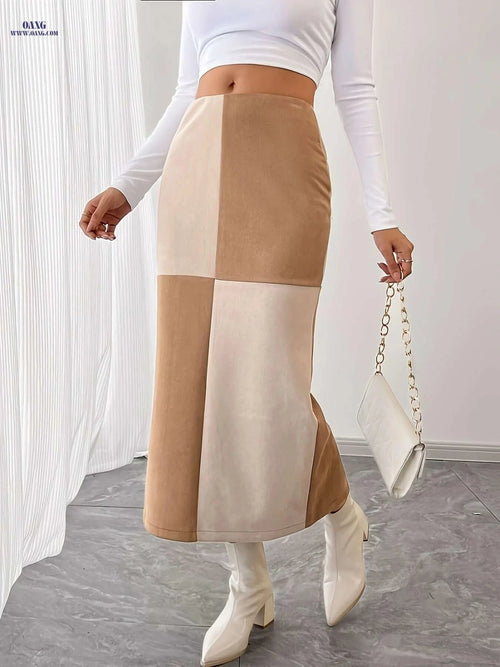 Elegant High-Waisted Skirt - Color Block Design with Back Slit   OAXG Khaki / S