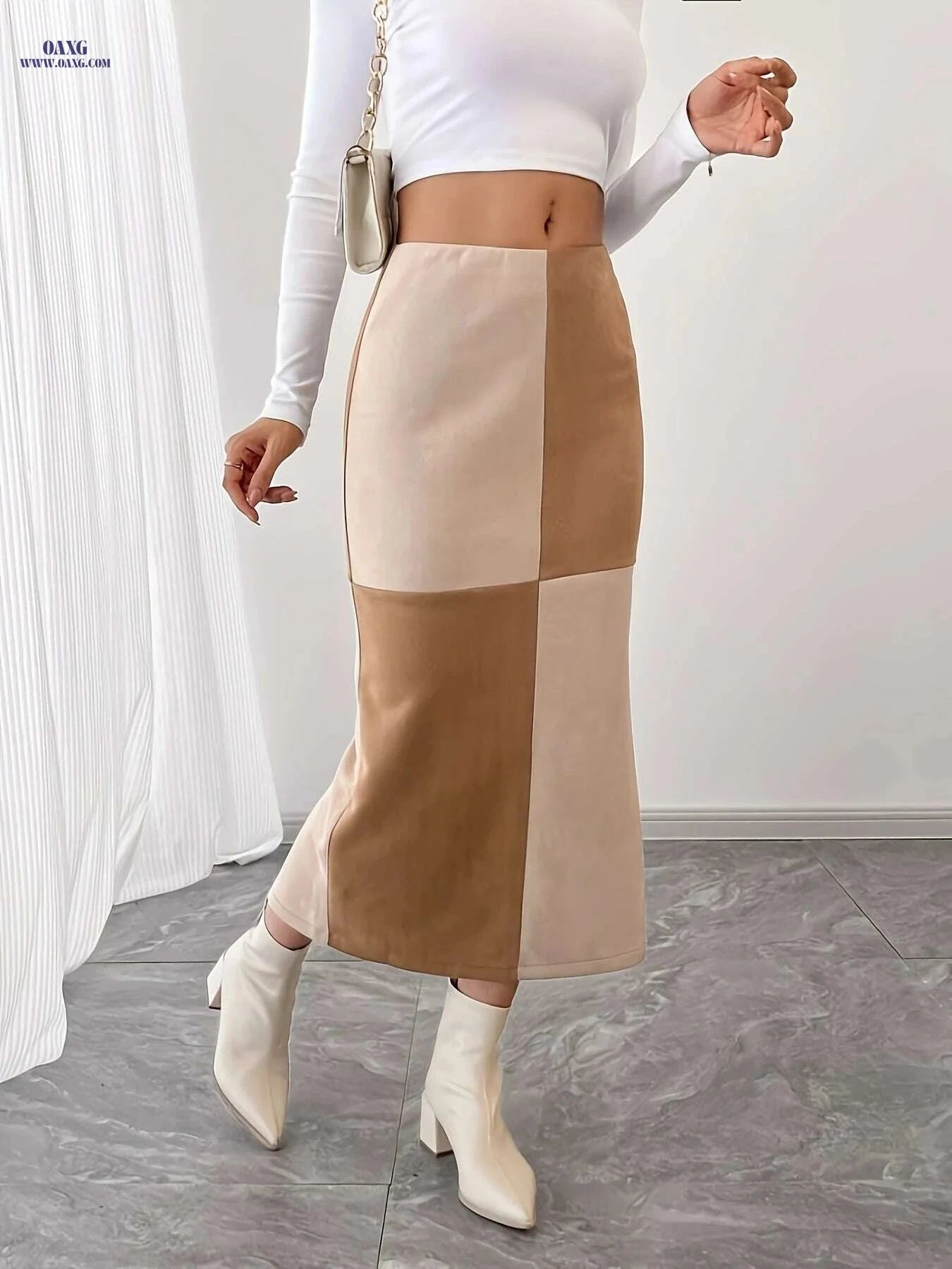 Elegant High-Waisted Skirt - Color Block Design with Back Slit   OAXG Khaki / S