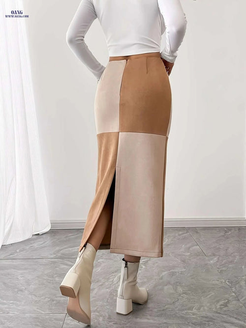 Elegant High-Waisted Skirt - Color Block Design with Back Slit   OAXG 