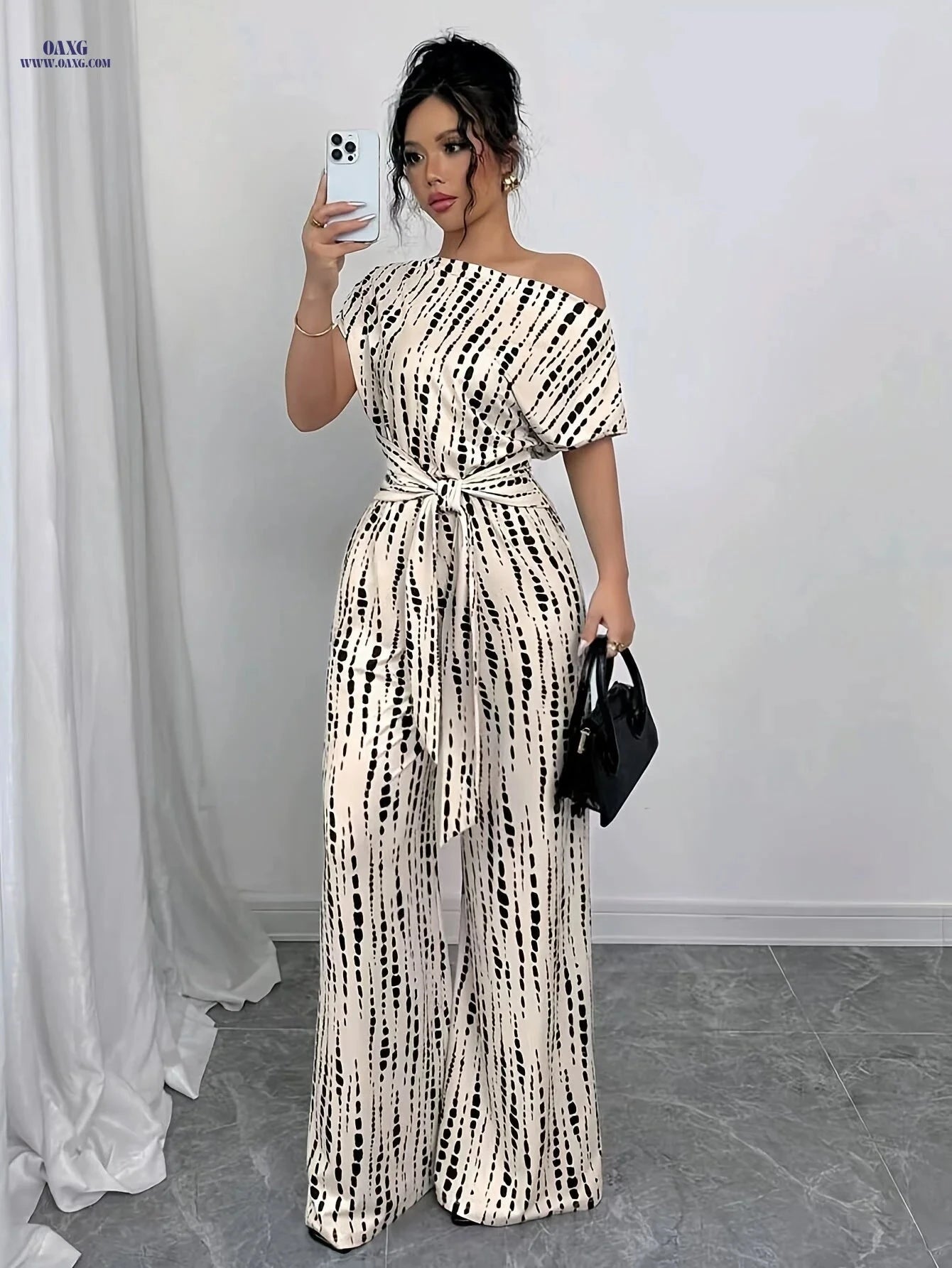 Elegant High-Waisted Summer Jumpsuit - Tie-Up Printed Wide-Leg Design   OAXG 