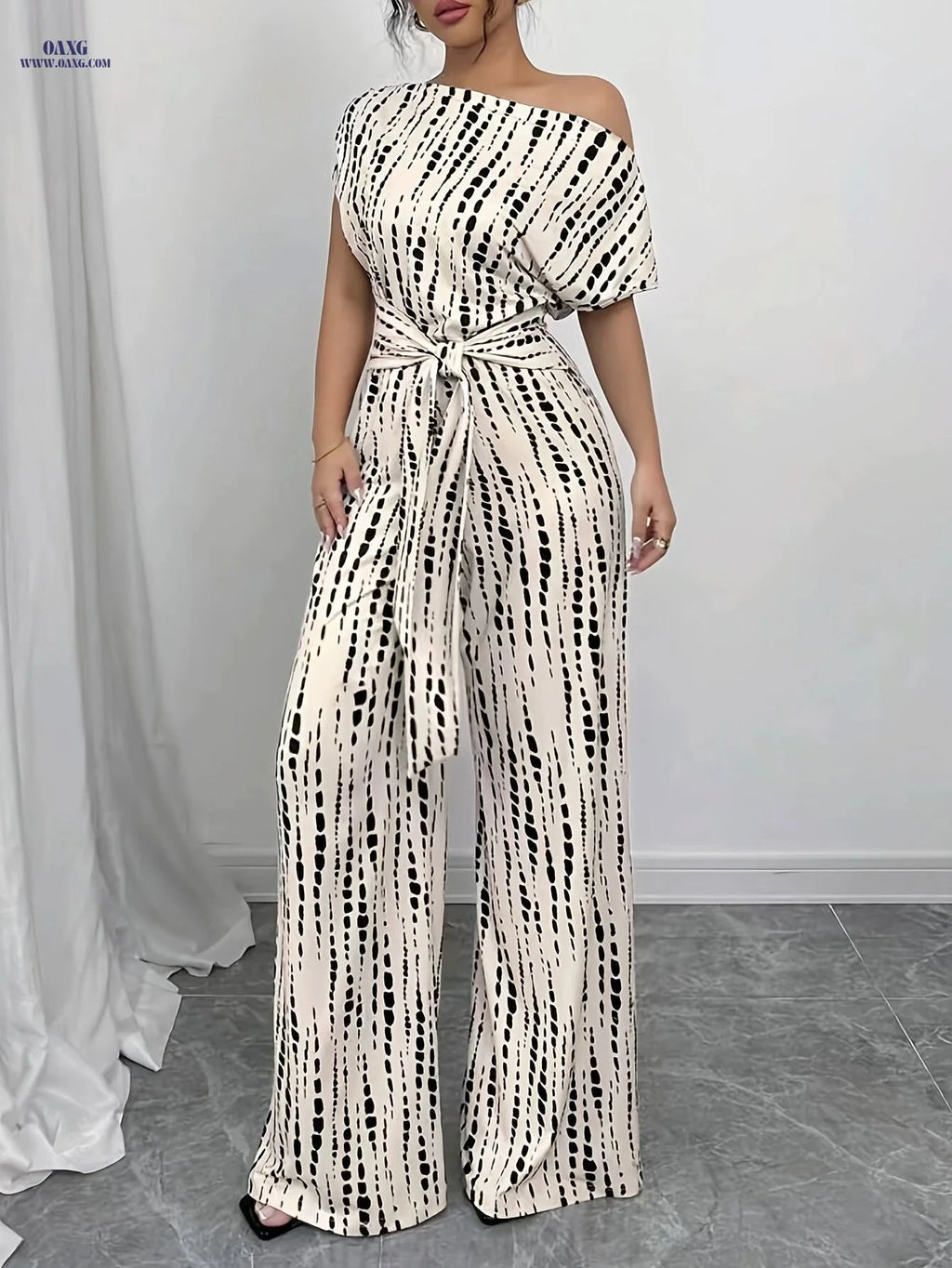 Elegant High-Waisted Summer Jumpsuit - Tie-Up Printed Wide-Leg Design   OAXG Apricot / S