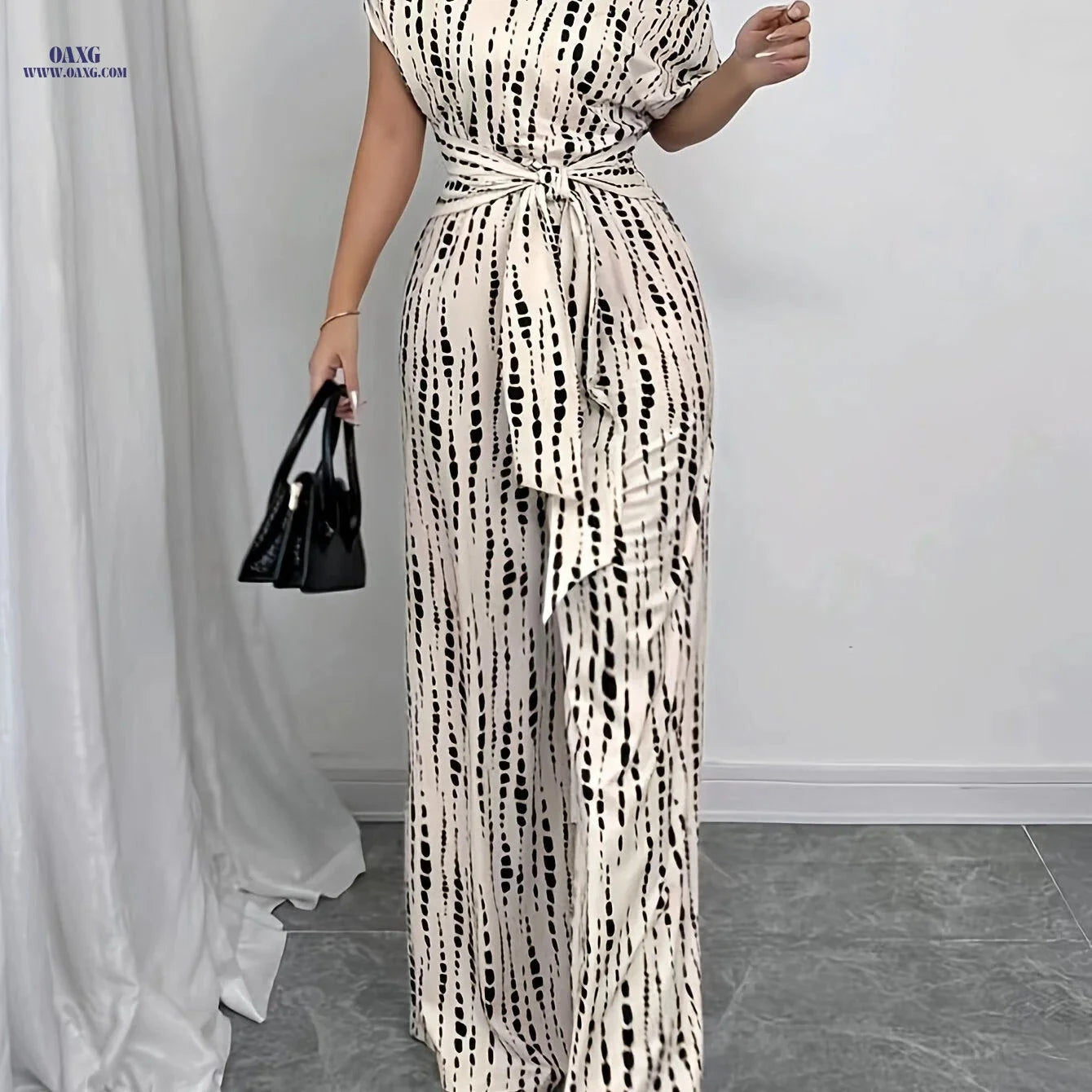 Elegant High-Waisted Summer Jumpsuit - Tie-Up Printed Wide-Leg Design   OAXG Apricot / S
