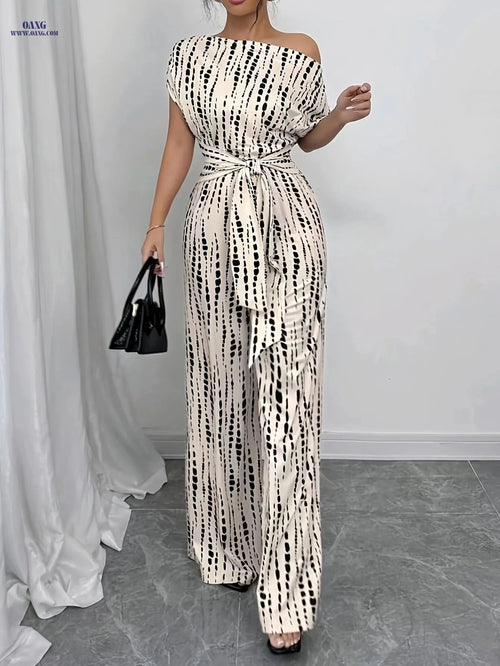 Elegant High-Waisted Summer Jumpsuit - Tie-Up Printed Wide-Leg Design   OAXG Apricot / S
