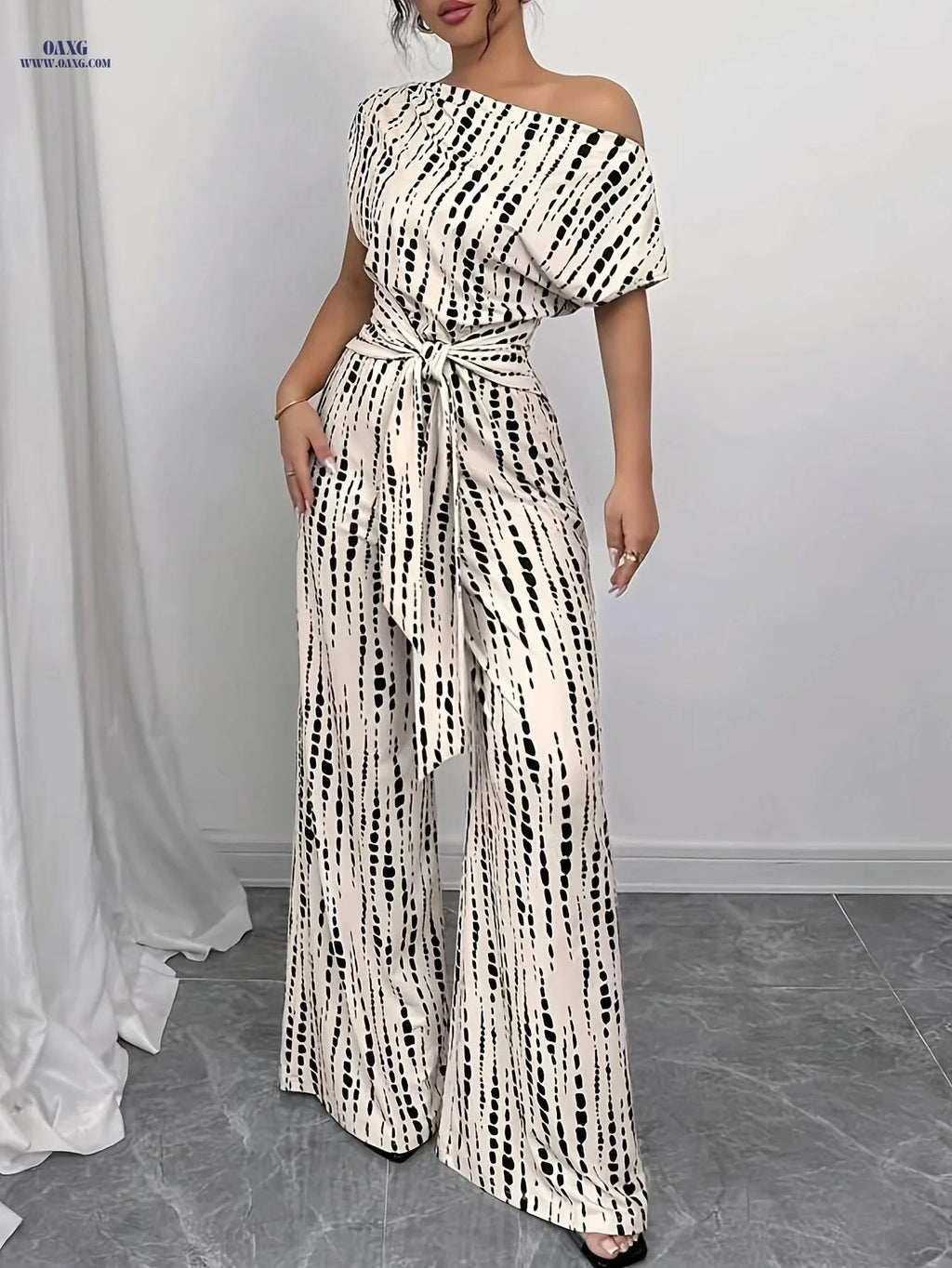 Elegant High-Waisted Summer Jumpsuit - Tie-Up Printed Wide-Leg Design   OAXG Apricot / S