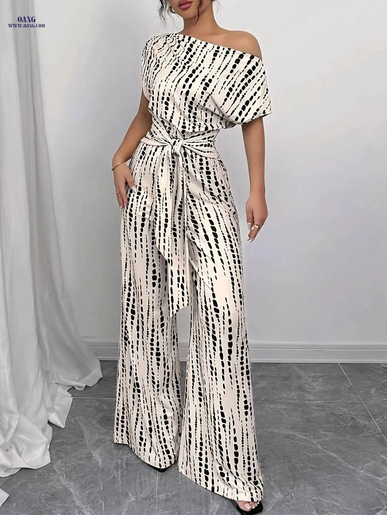 Elegant High-Waisted Summer Jumpsuit - Tie-Up Printed Wide-Leg Design   OAXG Apricot / S