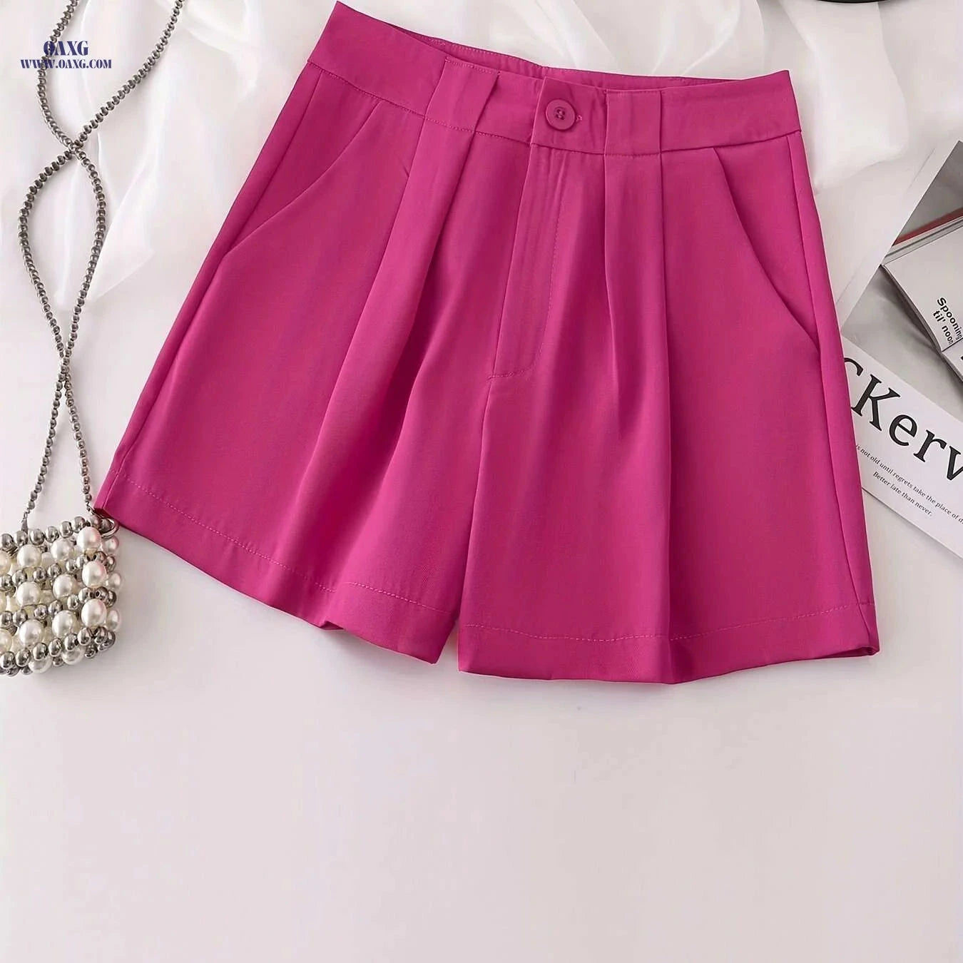 Elegant High-Waisted White Casual Shorts for Women - Pockets Included   OAXG 