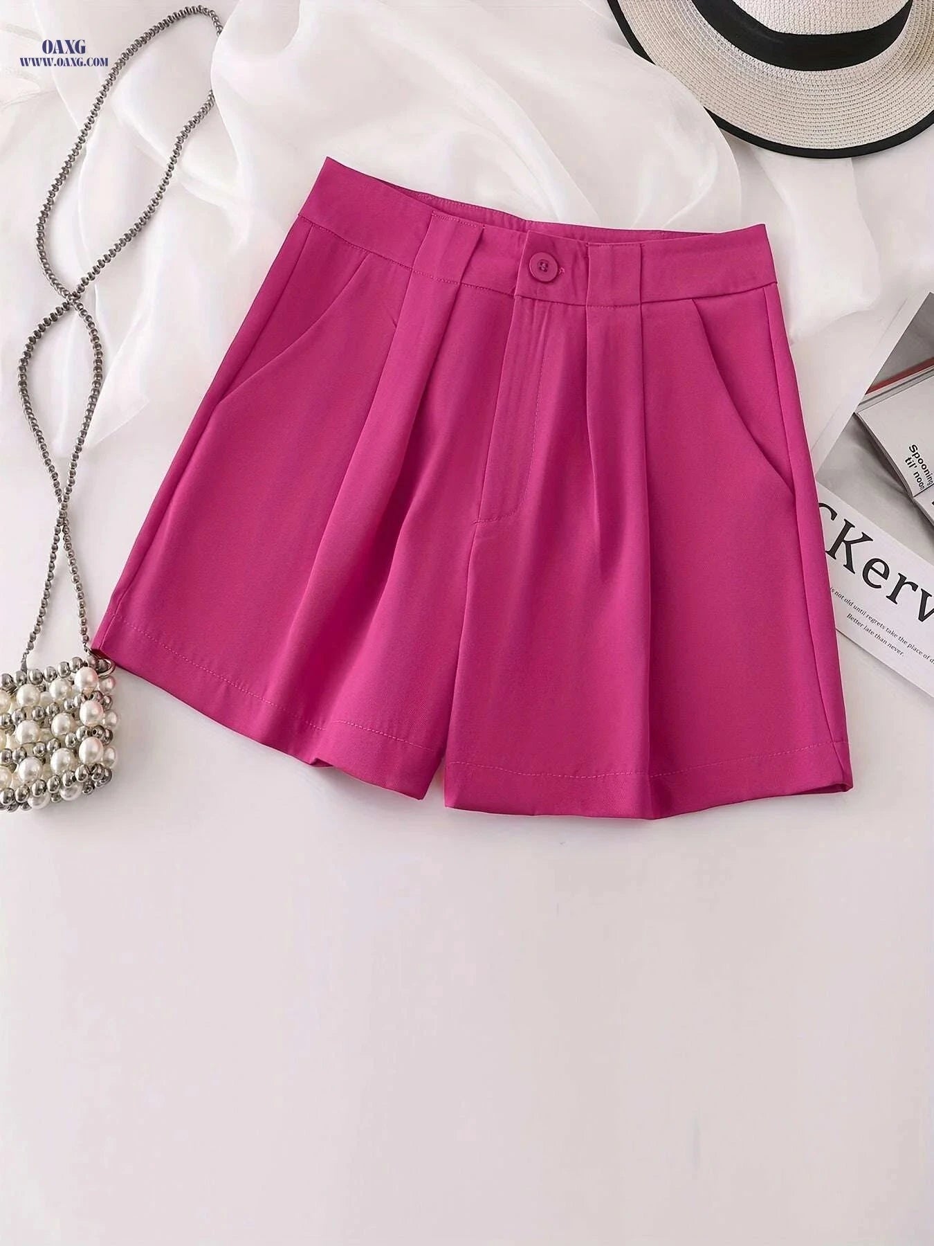 Elegant High-Waisted White Casual Shorts for Women - Pockets Included   OAXG 