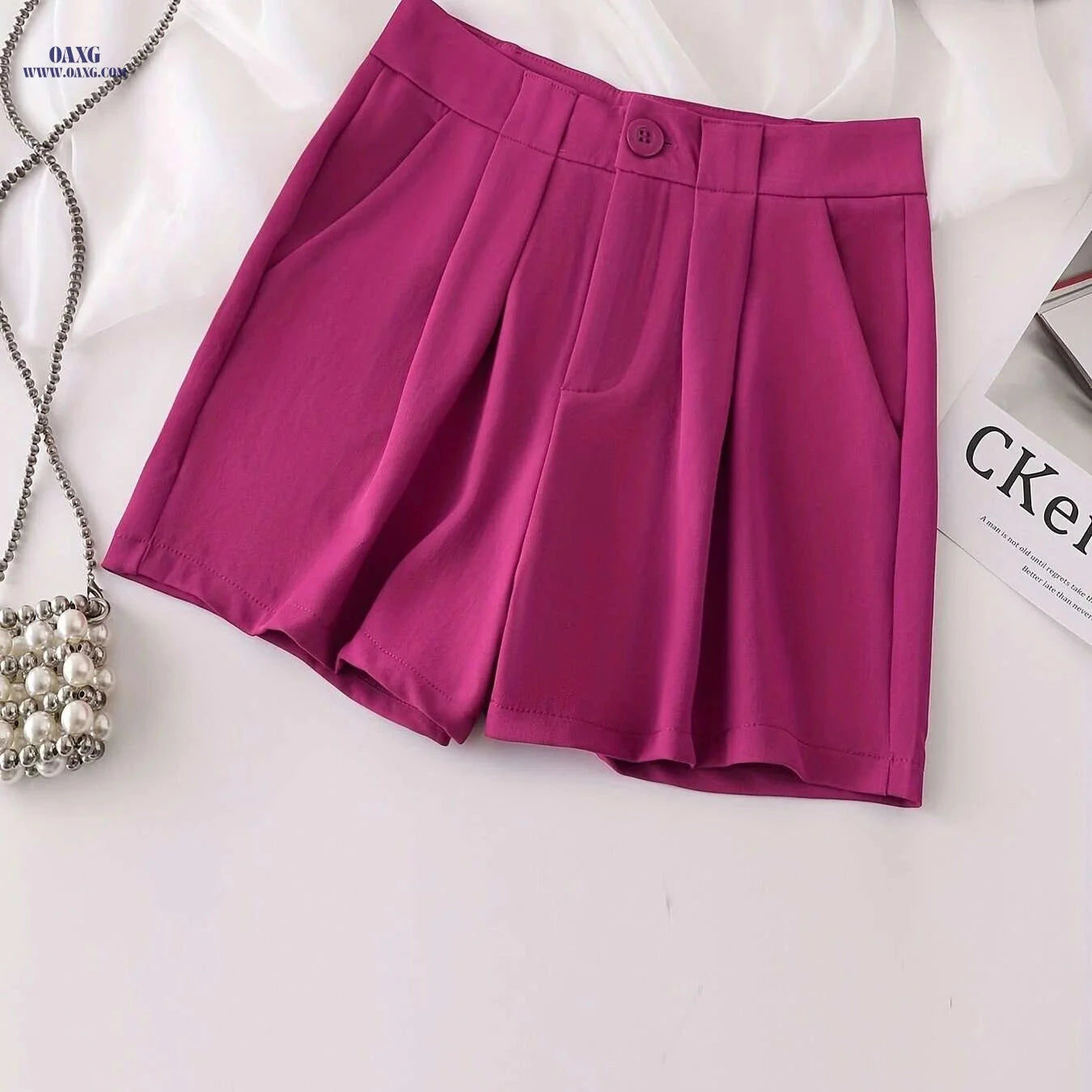 Elegant High-Waisted White Casual Shorts for Women - Pockets Included   OAXG 