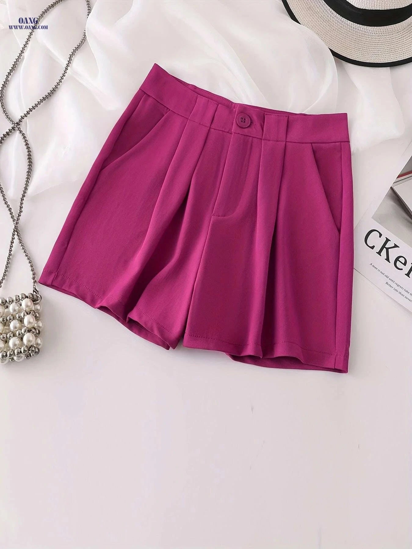 Elegant High-Waisted White Casual Shorts for Women - Pockets Included   OAXG 