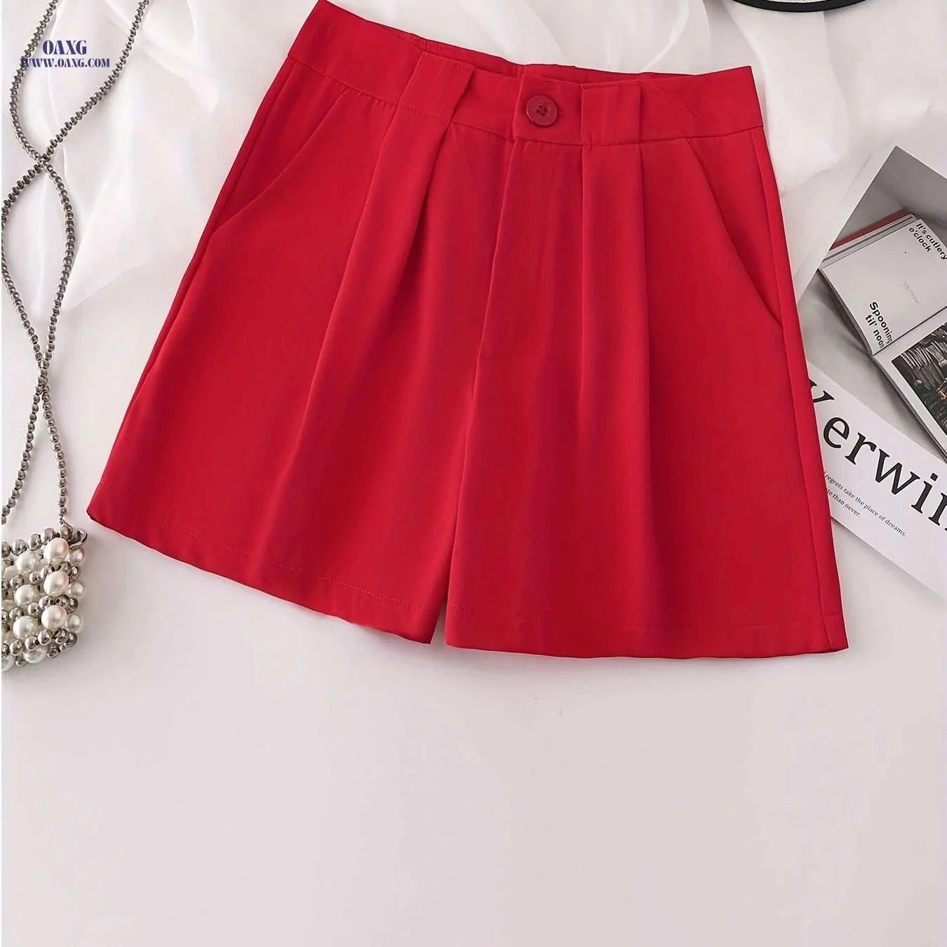 Elegant High-Waisted White Casual Shorts for Women - Pockets Included   OAXG 