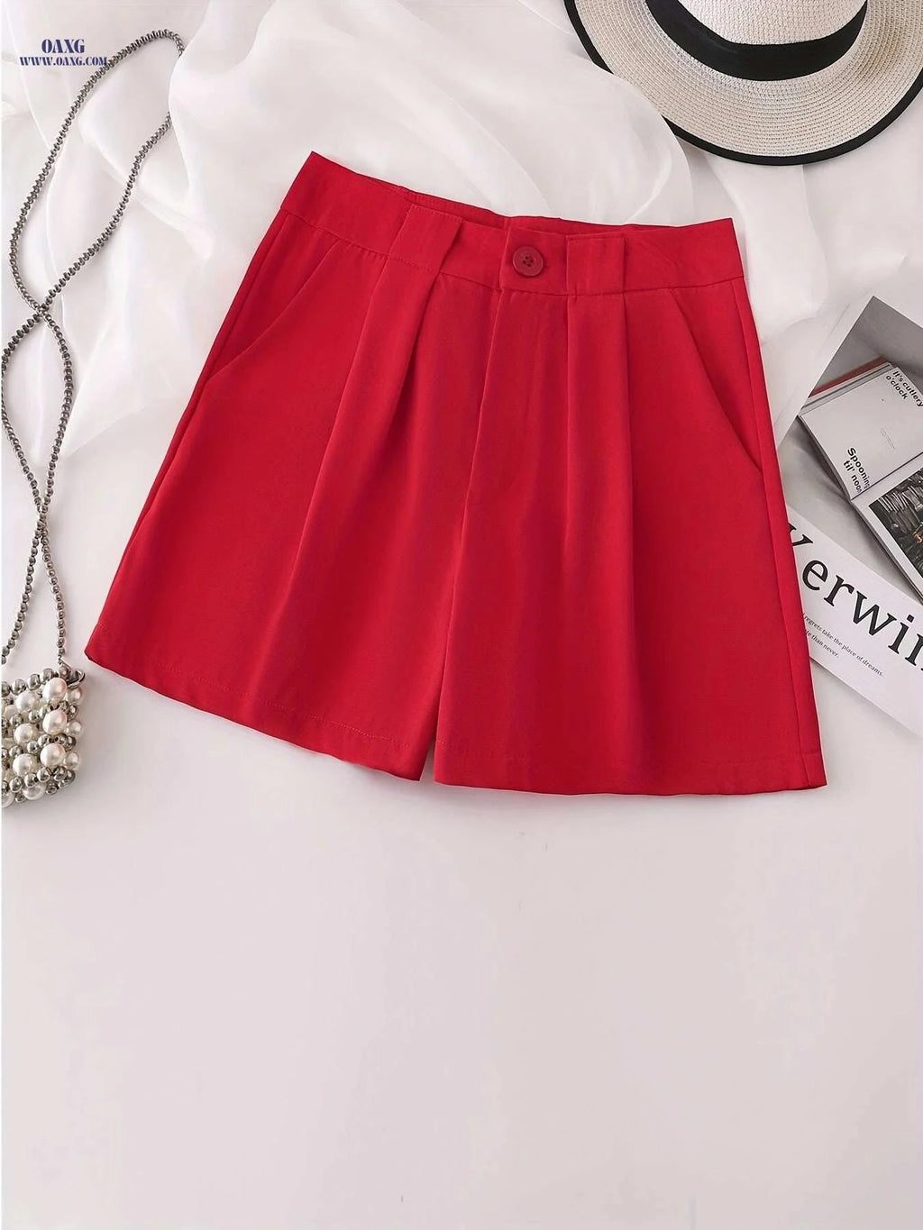 Elegant High-Waisted White Casual Shorts for Women - Pockets Included   OAXG 