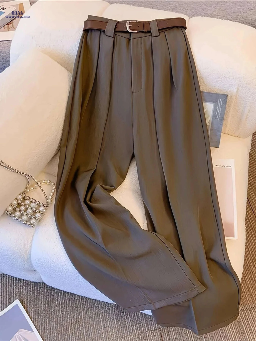 Elegant High-Waisted Wide-Leg Trousers - Wrinkle-Resistant Office Pants   OAXG 