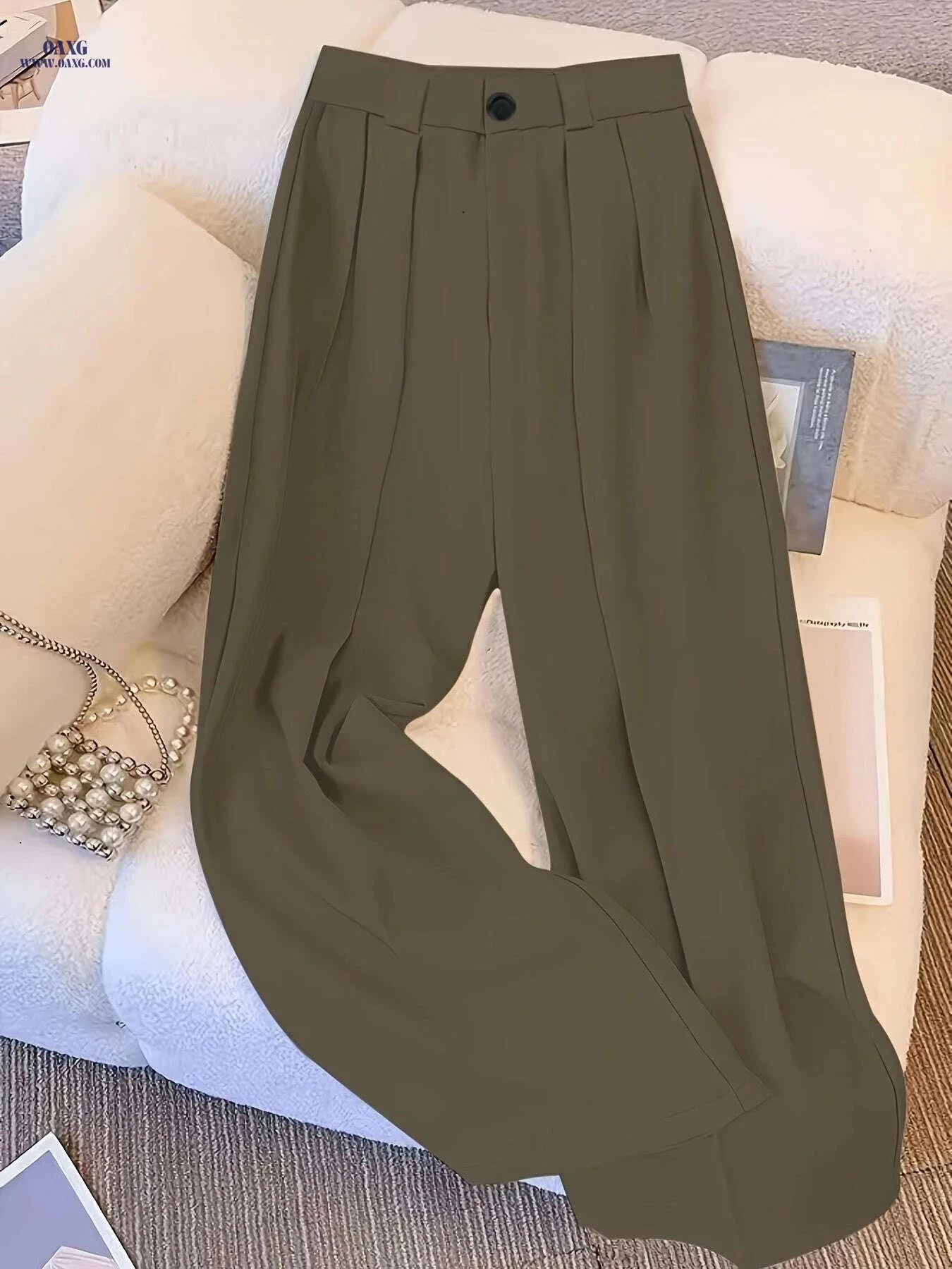 Elegant High-Waisted Wide-Leg Trousers - Wrinkle-Resistant Office Pants   OAXG 