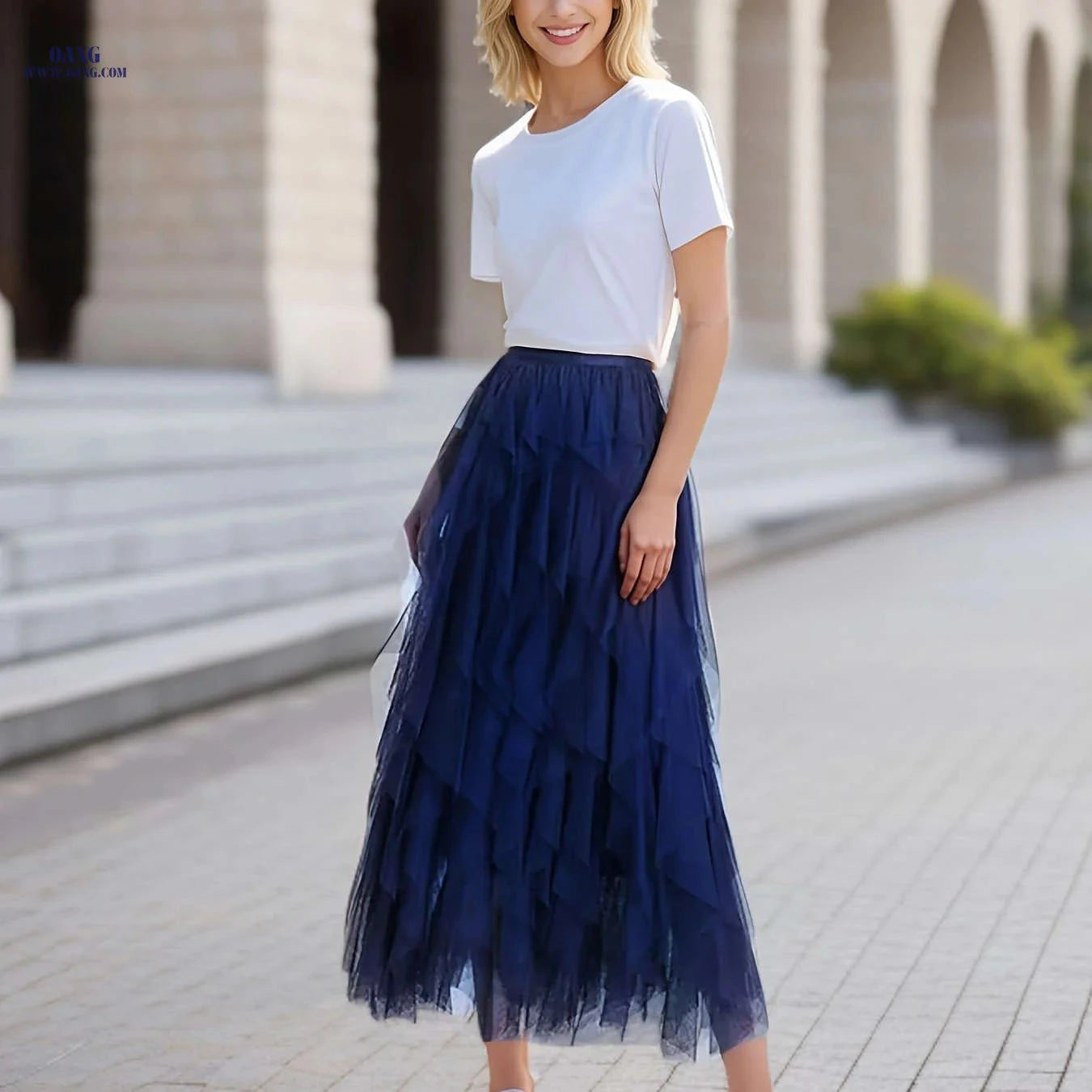 Elegant Irregular High-Waisted A-Line Tulle Skirt - Layered Design   OAXG 