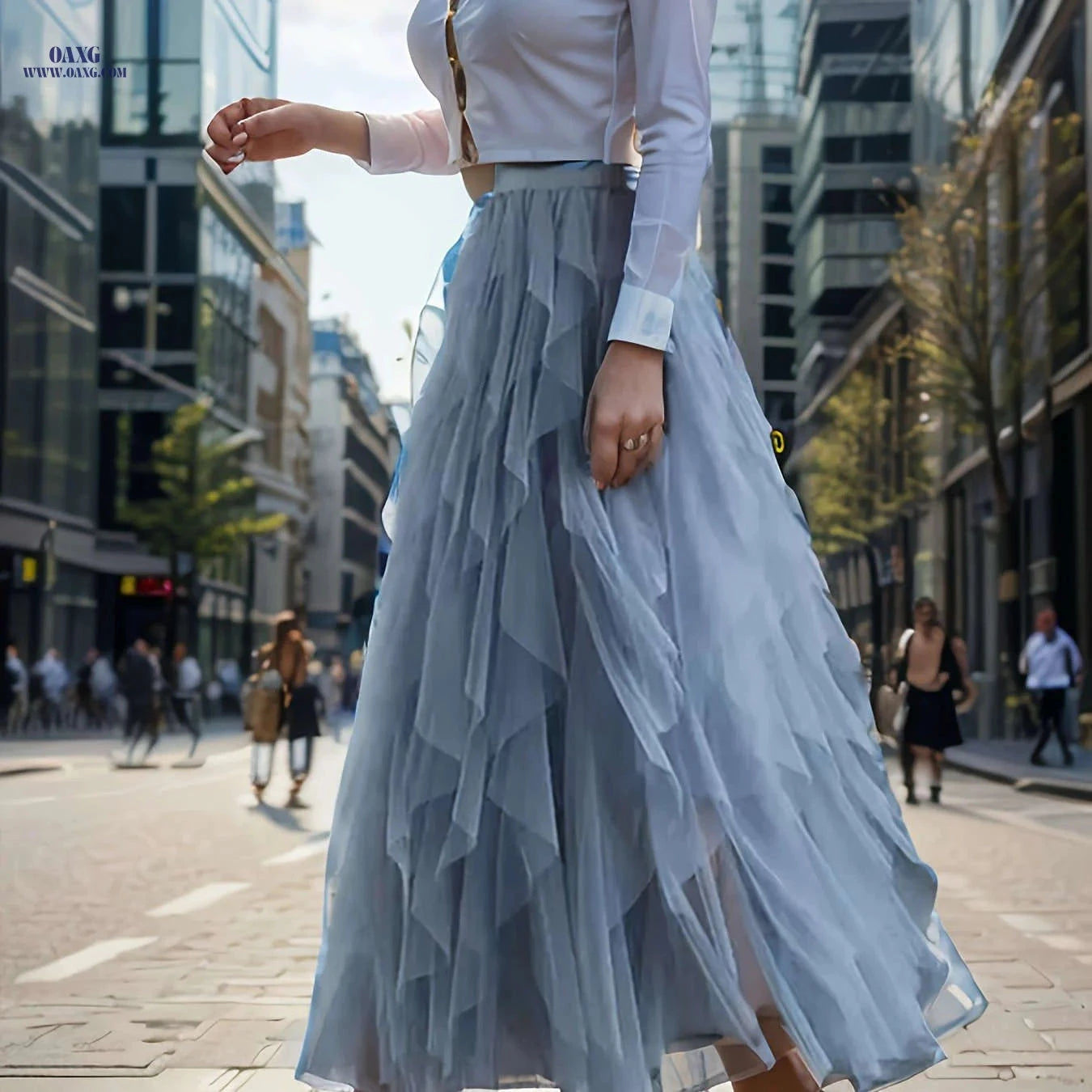 Elegant Irregular High-Waisted A-Line Tulle Skirt - Layered Design   OAXG 