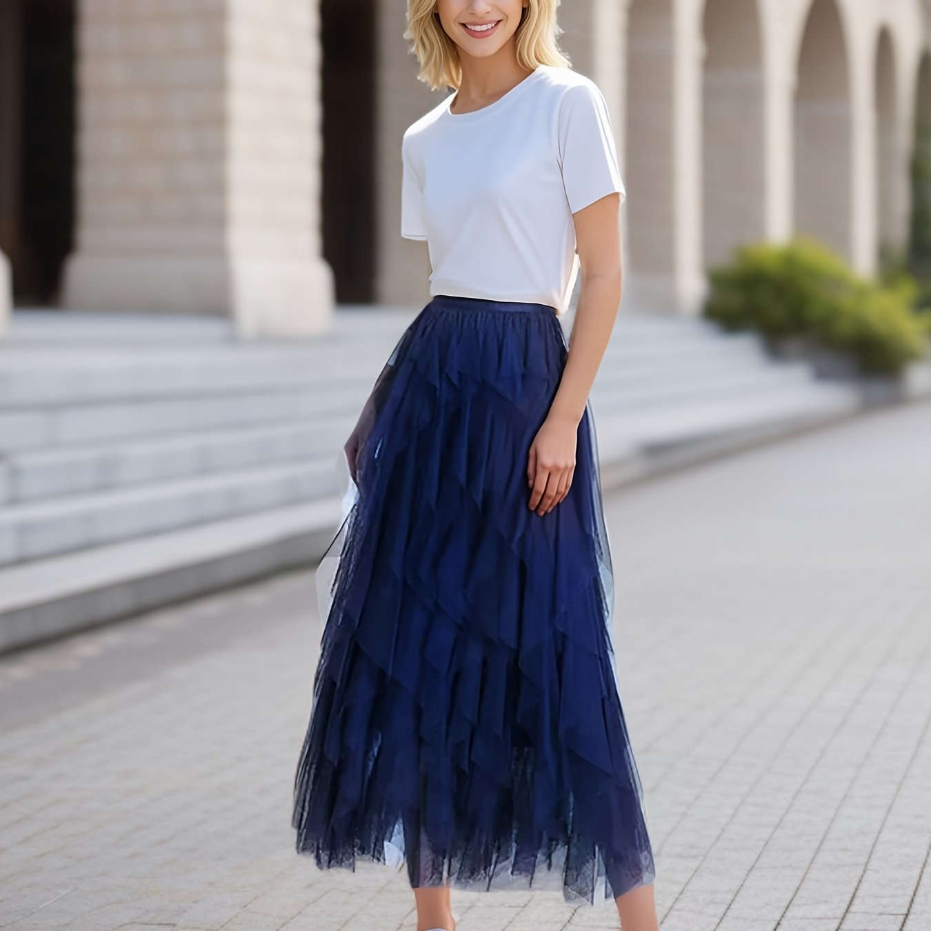 Elegant Irregular High-Waisted A-Line Tulle Skirt - Layered Design   OAXG 