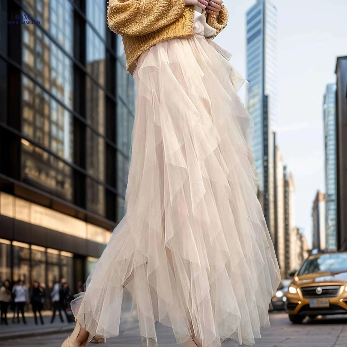 Elegant Irregular High-Waisted A-Line Tulle Skirt - Layered Design   OAXG Coffee color / S