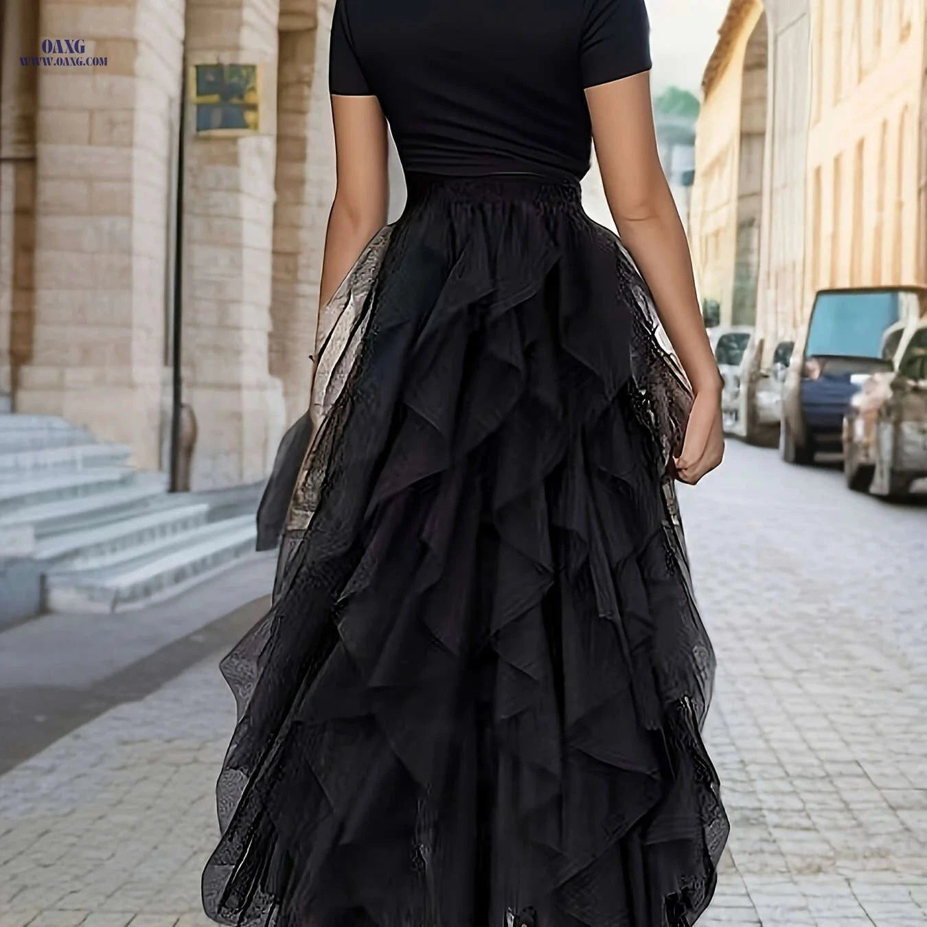 Elegant Irregular High-Waisted A-Line Tulle Skirt - Layered Design   OAXG Coffee color / S