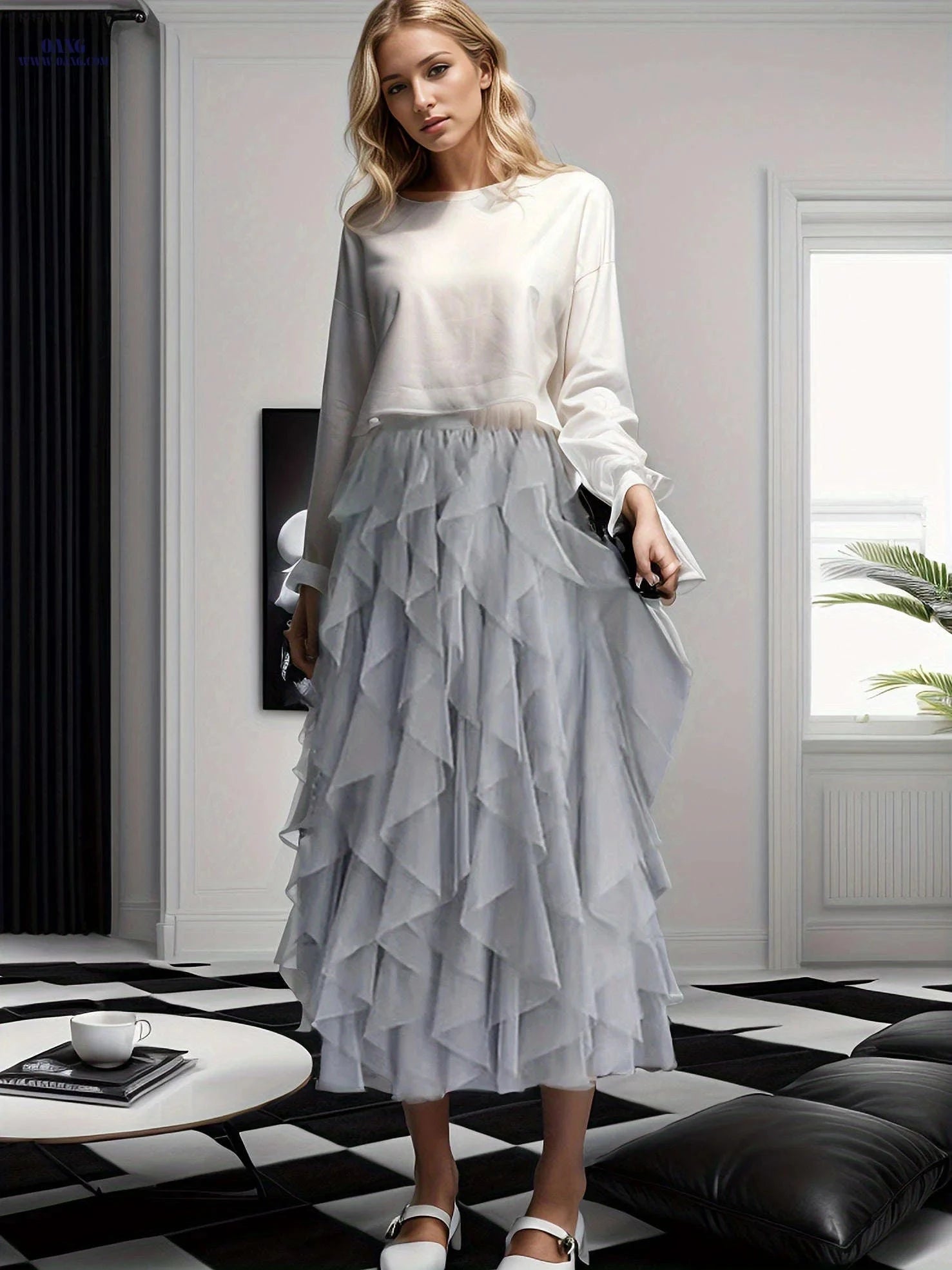 Elegant Irregular High-Waisted A-Line Tulle Skirt - Layered Design   OAXG Coffee color / S