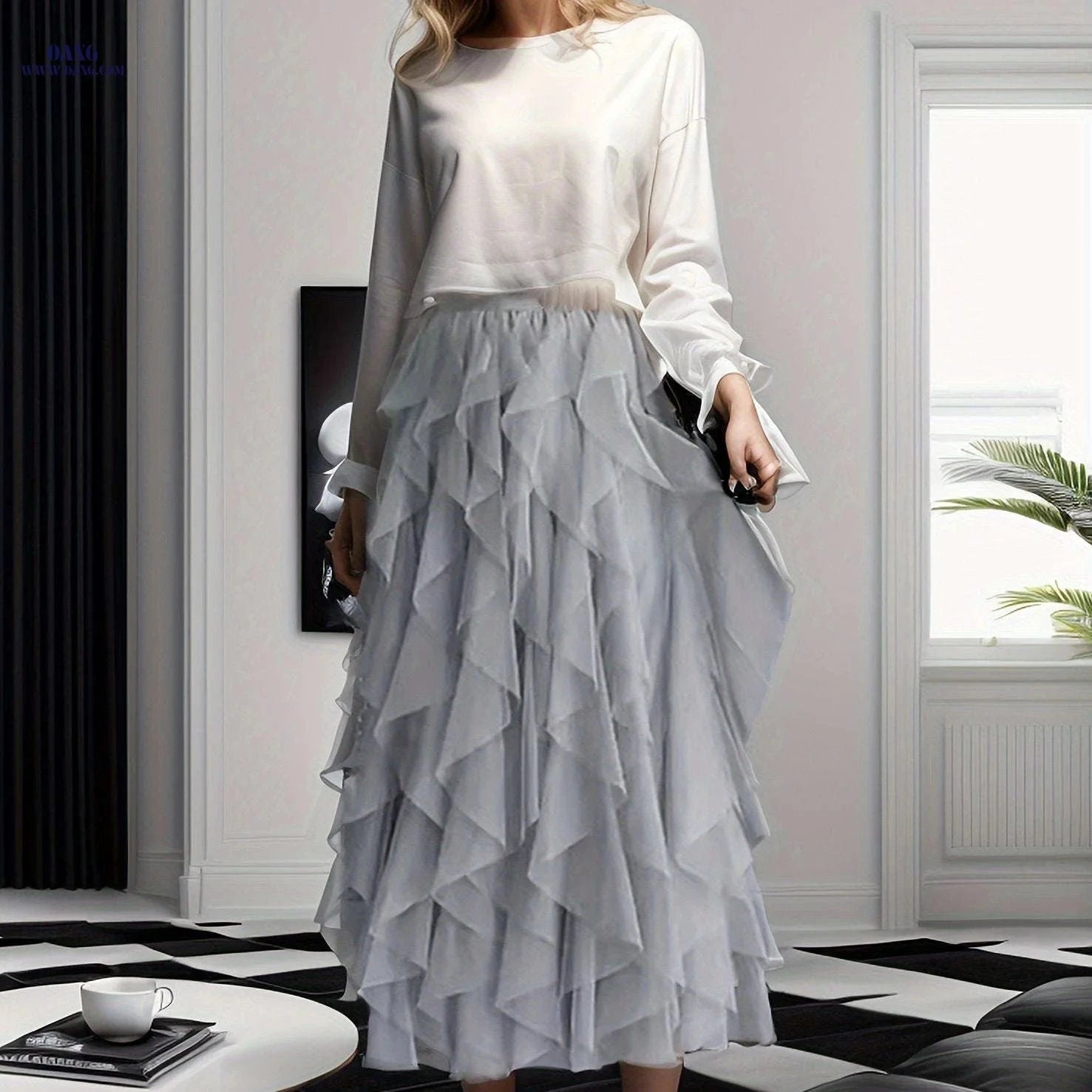 Elegant Irregular High-Waisted A-Line Tulle Skirt - Layered Design   OAXG Coffee color / S