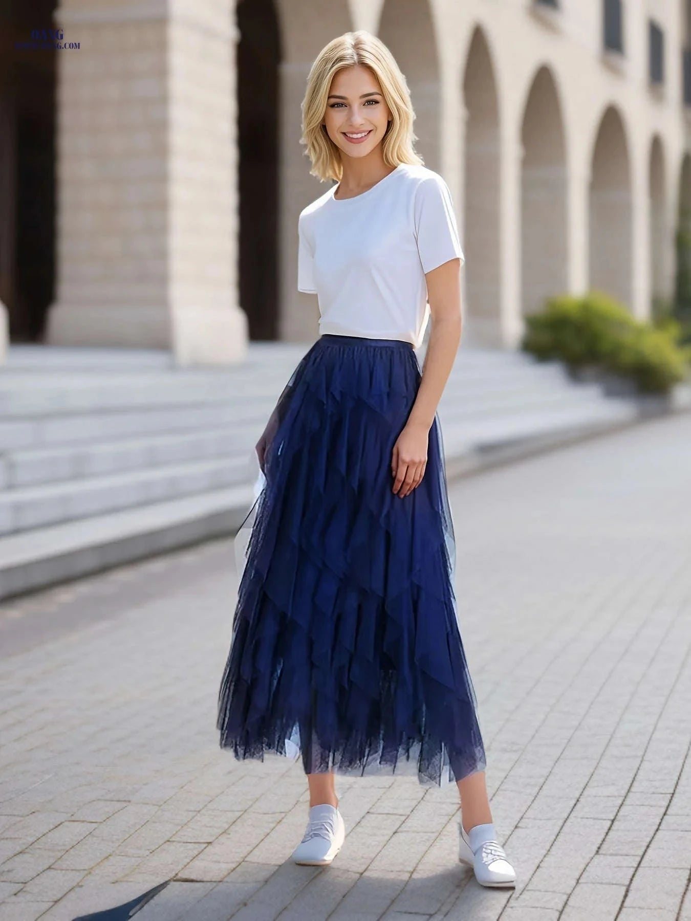Elegant Irregular High-Waisted A-Line Tulle Skirt - Layered Design   OAXG 