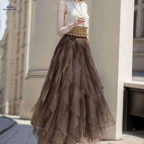 Elegant Irregular High-Waisted A-Line Tulle Skirt - Layered Design   OAXG 