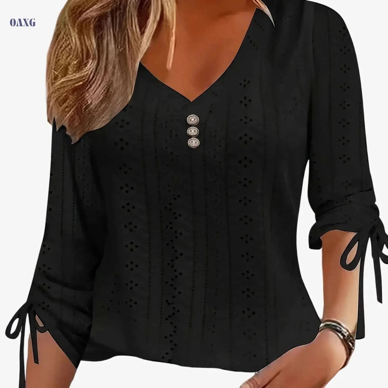 Elegant Jacquard Button Long Sleeve Shirt - Solid Color, V-Neck Style   OAXG White / S