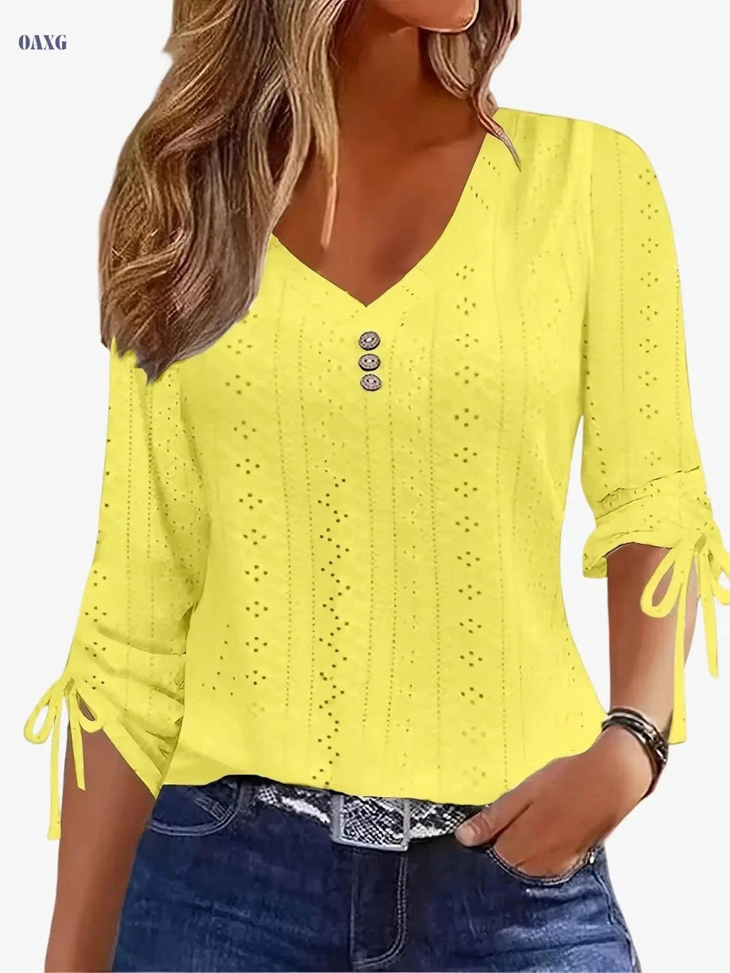 Elegant Jacquard Button Long Sleeve Shirt - Solid Color, V-Neck Style   OAXG White / S