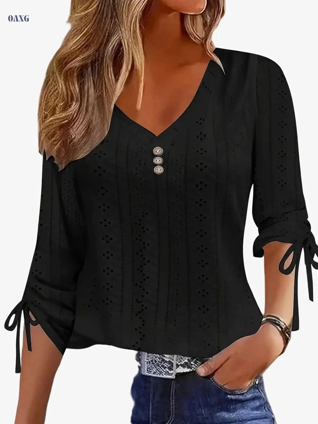Elegant Jacquard Button Long Sleeve Shirt - Solid Color, V-Neck Style   OAXG White / S