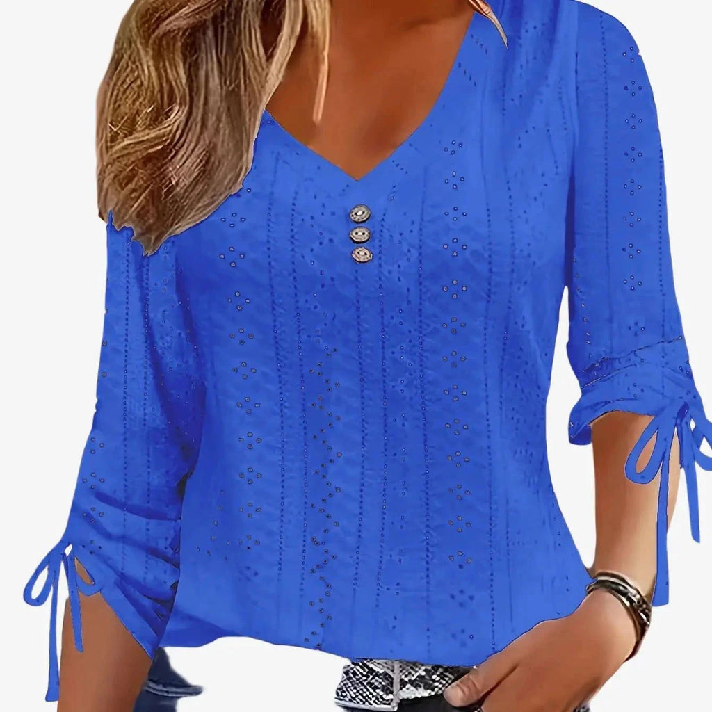 Elegant Jacquard Button Long Sleeve Shirt - Solid Color, V-Neck Style   OAXG White / S