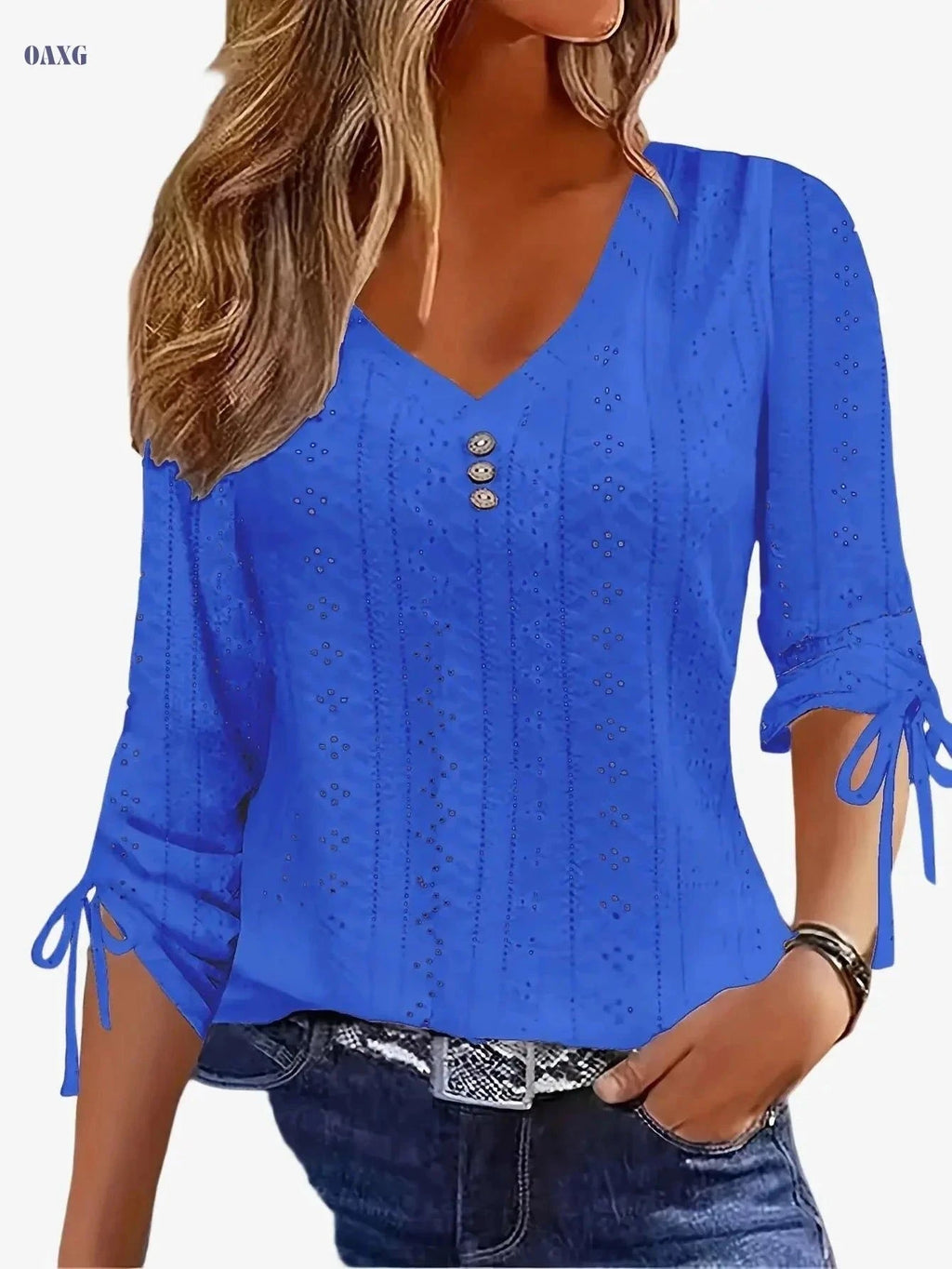 Elegant Jacquard Button Long Sleeve Shirt - Solid Color, V-Neck Style   OAXG White / S