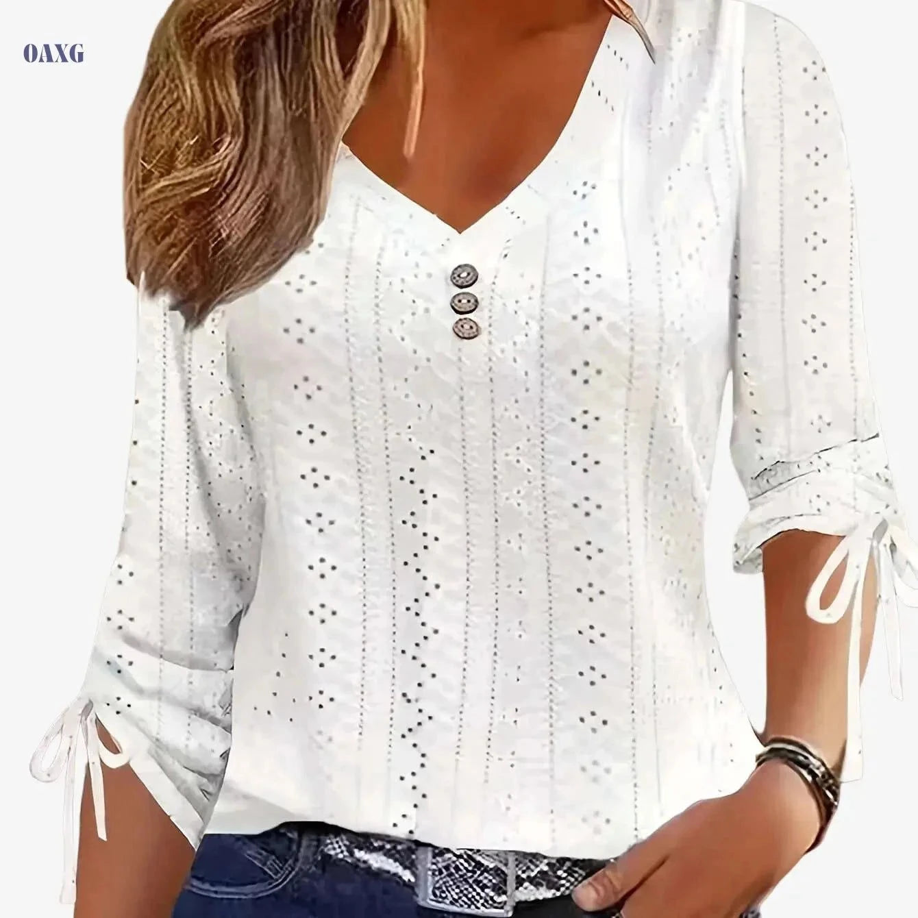 Elegant Jacquard Button Long Sleeve Shirt - Solid Color, V-Neck Style   OAXG White / S