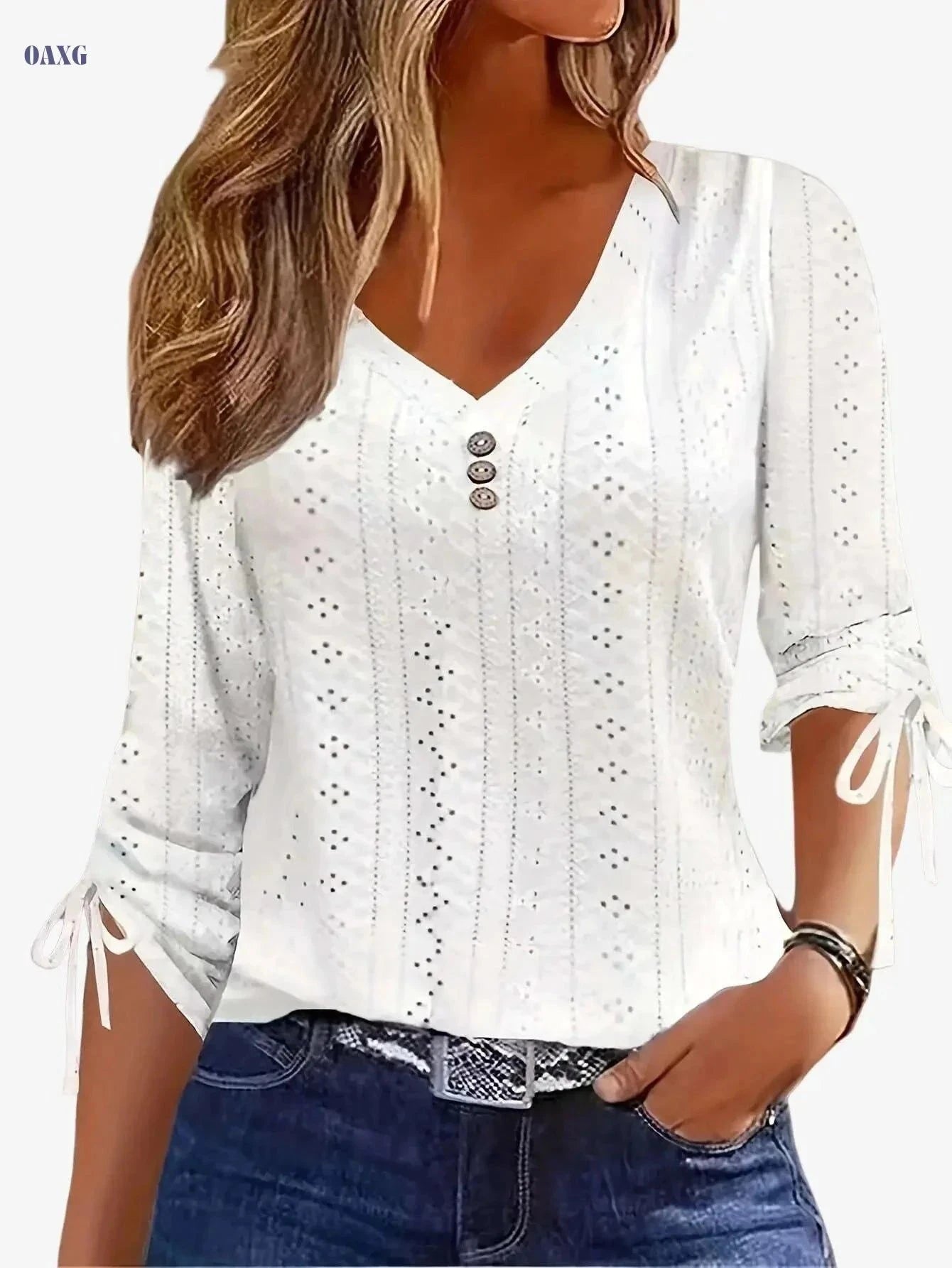 Elegant Jacquard Button Long Sleeve Shirt - Solid Color, V-Neck Style   OAXG White / S
