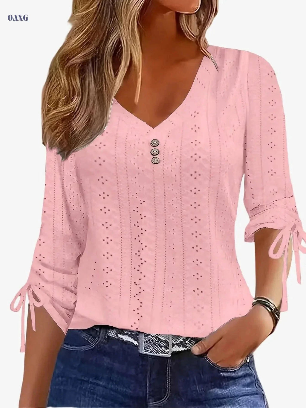 Elegant Jacquard Button Long Sleeve Shirt - Solid Color, V-Neck Style   OAXG White / S