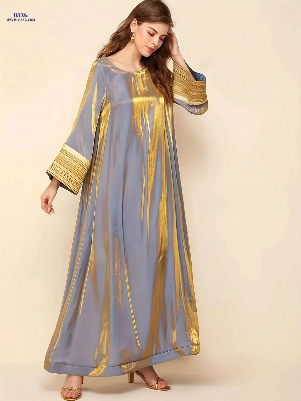Elegant Kaftan Dress - Long Sleeve, Lace Trim Women’s Maxi   OAXG Gray + Golden / S