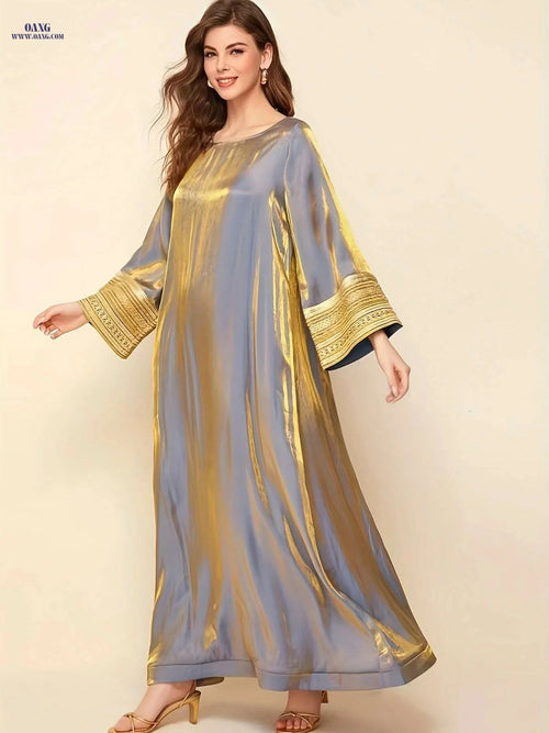 Elegant Kaftan Dress - Long Sleeve, Lace Trim Women’s Maxi   OAXG Gray + Golden / S