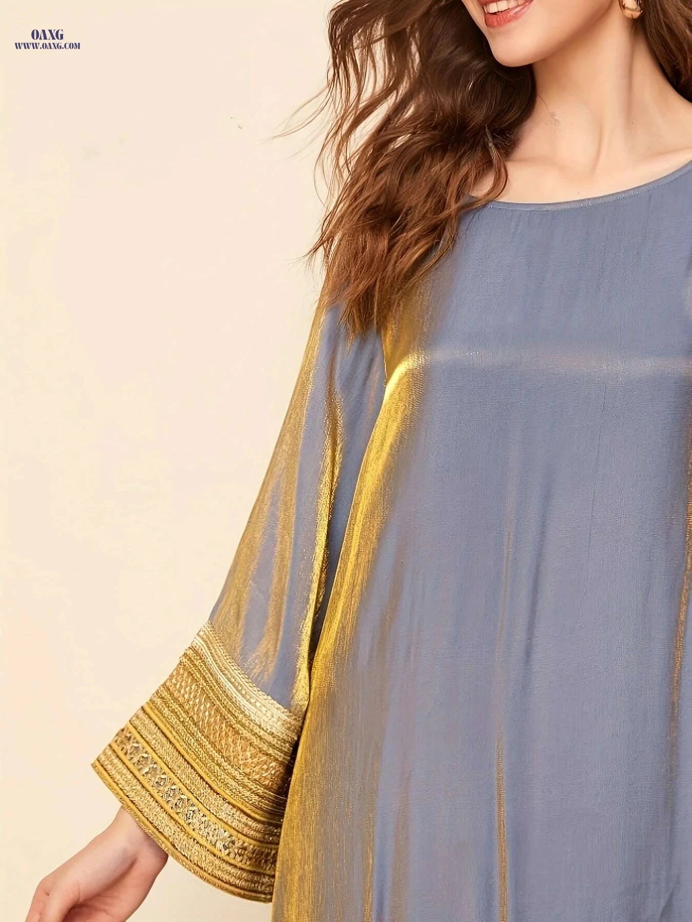 Elegant Kaftan Dress - Long Sleeve, Lace Trim Women’s Maxi   OAXG Gray + Golden / S